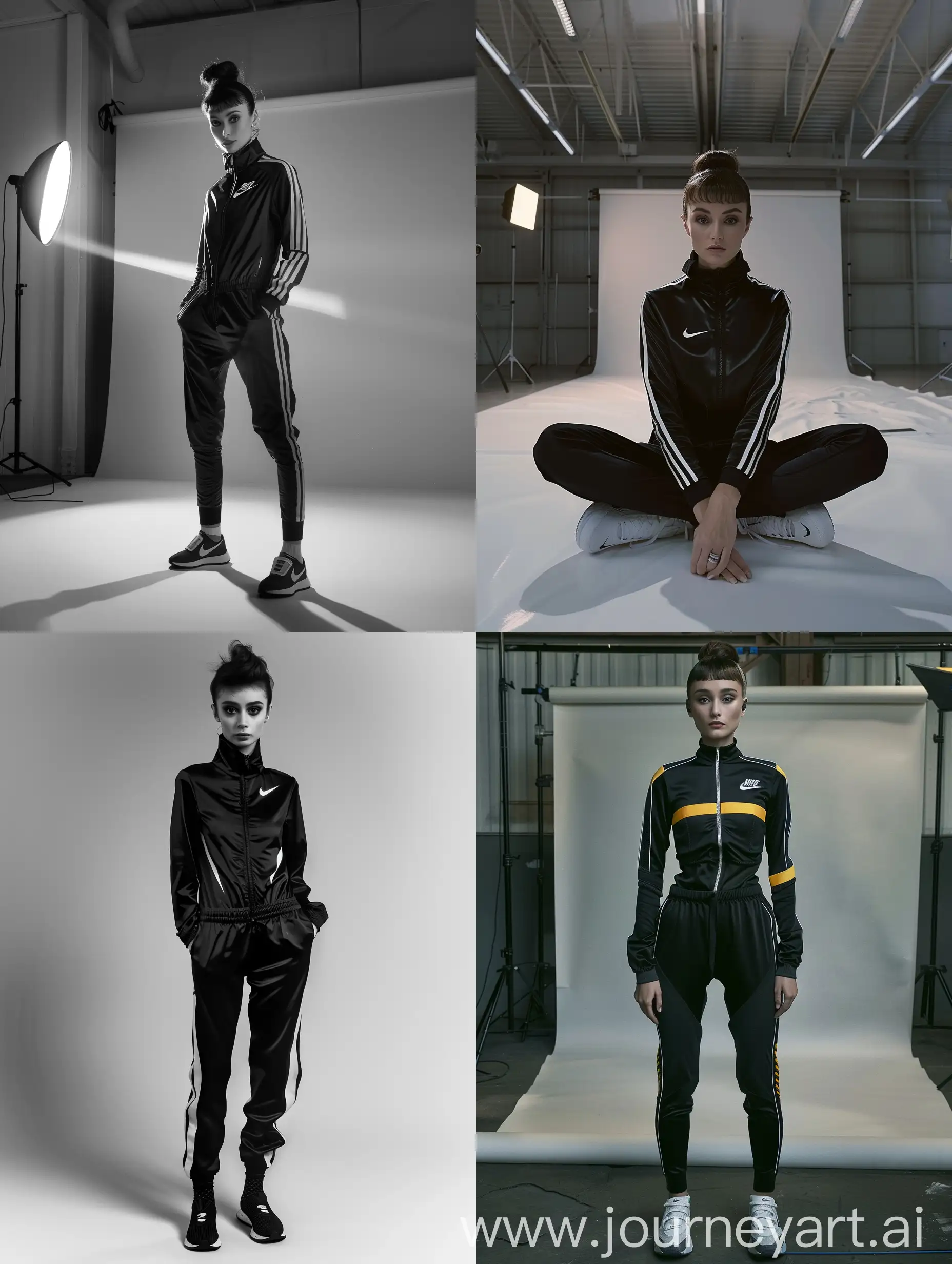 - Audrey Hepburn x Nike 
- Environment: Empty studio
- Background: Studio backdrop
- Style: Futuristic Track Suit
- Photography Type: Concept, conceitual
- Theme: Audrey Hepburn x Nike 2040
- Visual Filters: Fashion Film Look-Up Table (LUT)
- Camera Effects: Camera Blur, Camera Haze
- Resolution: High
