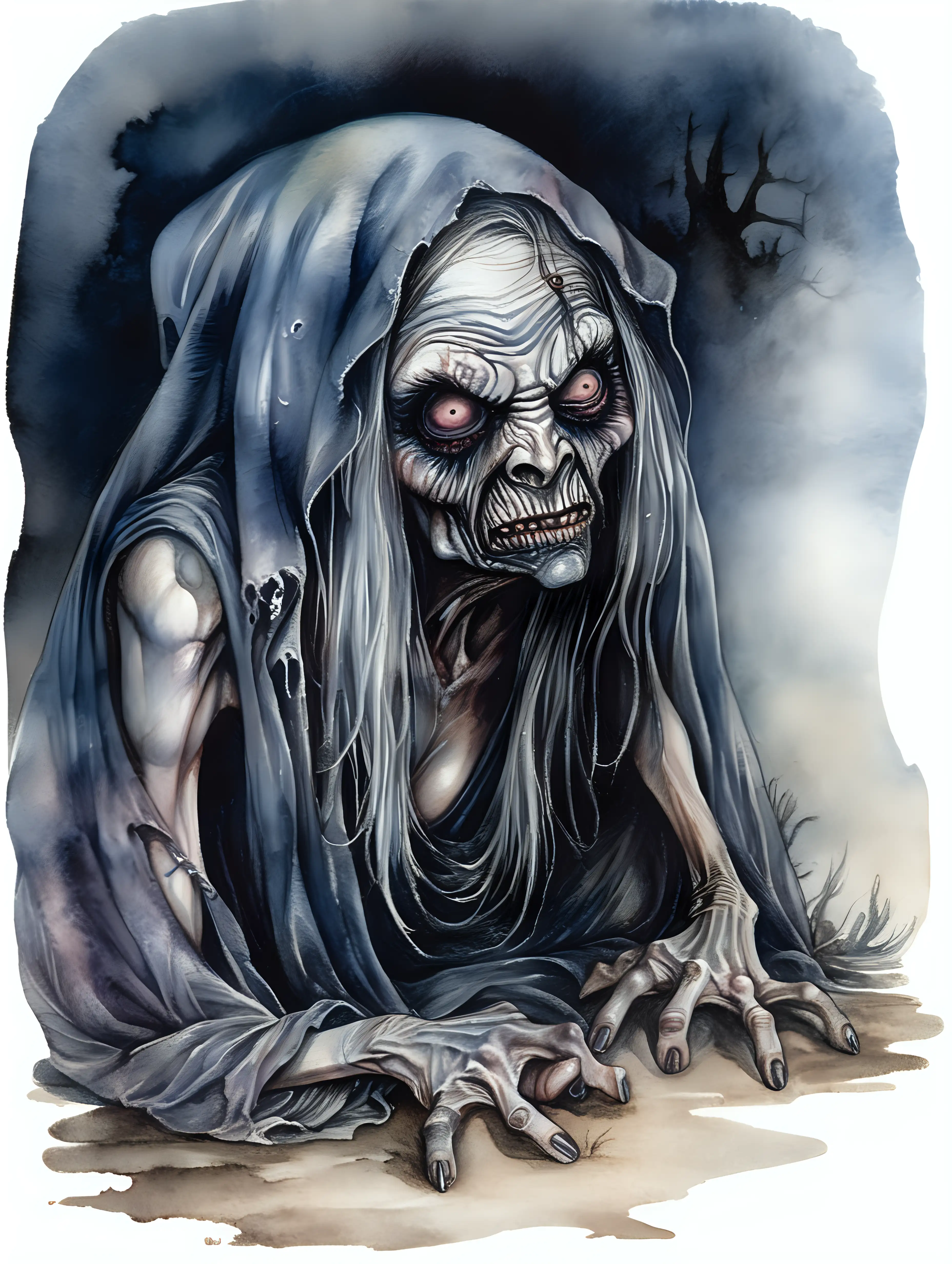 fantasy crawling ugly decaying evil night hag, dark watercolor drawing, no background