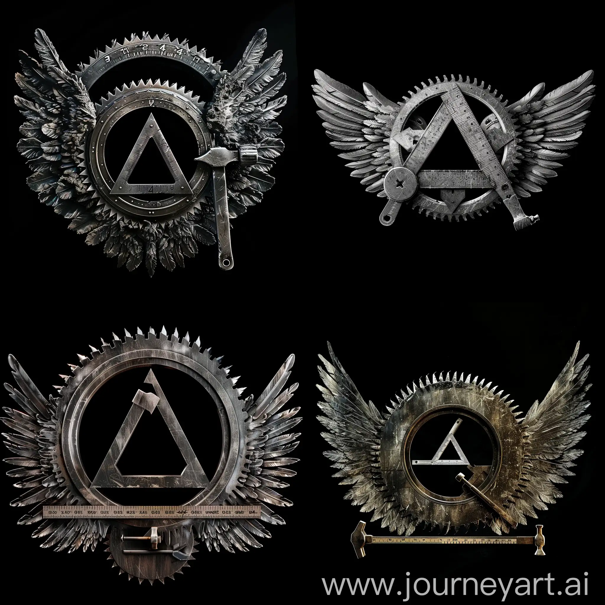  metallic logo.  a circular sawblade, a triangle ruler, a hammer - surrounded by wings.  