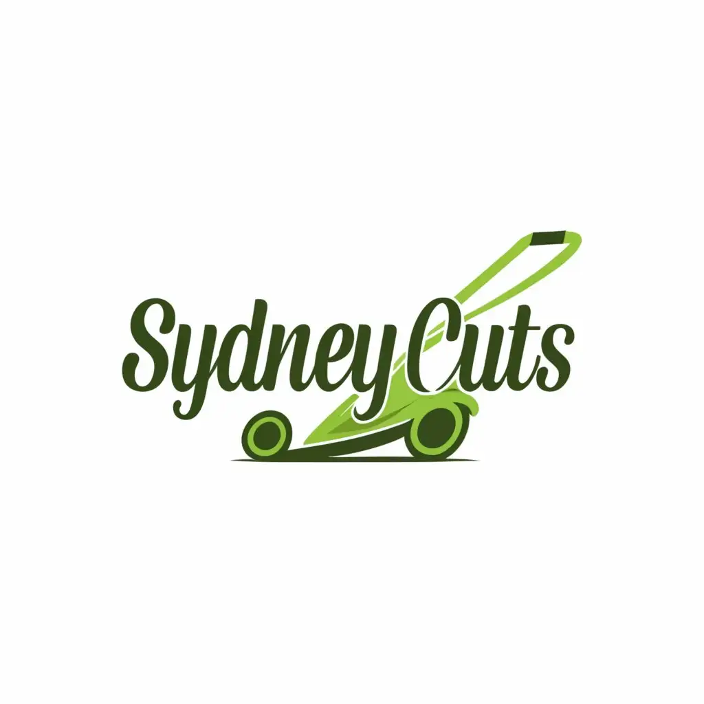 a logo design, with the text 'SYDNEYCUTS', main symbol: LAWN MOWER CUTTING GRASS, Moderate, clear background