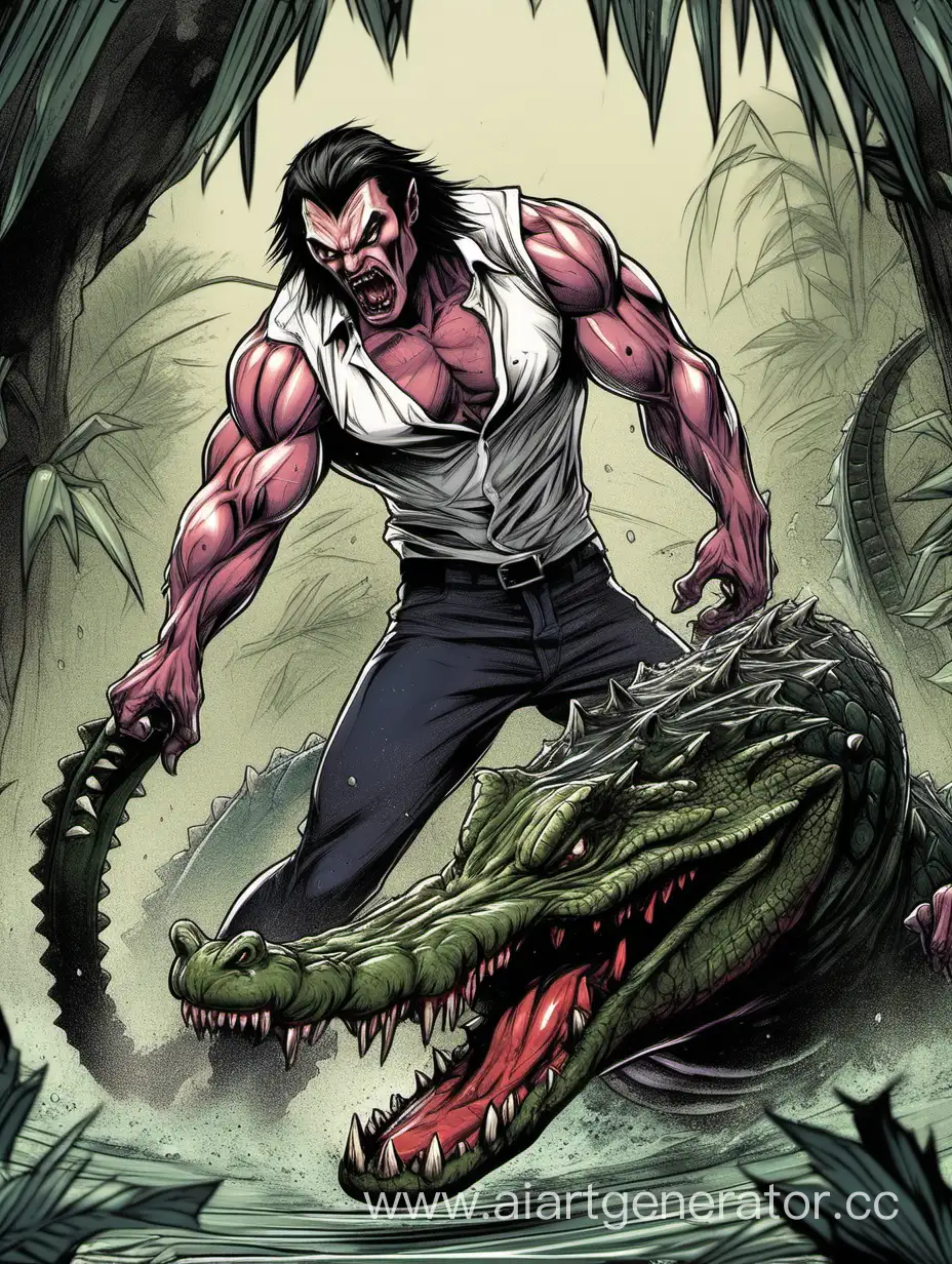 мускулистый вампир бьёт крокодила голыми руками