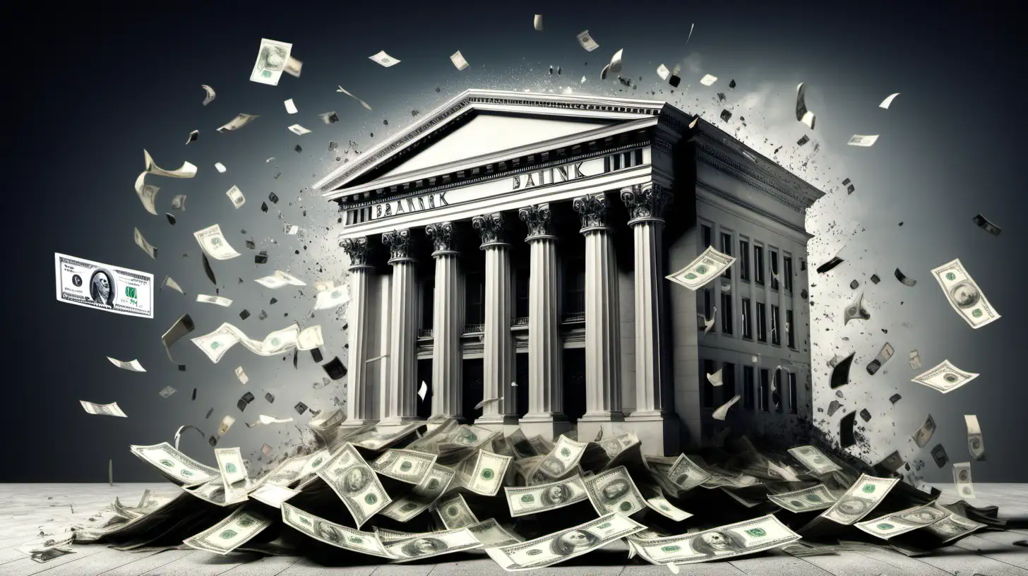 bank building with bank notes collapsing down. Economic, banking, and fiat money crisis concept.