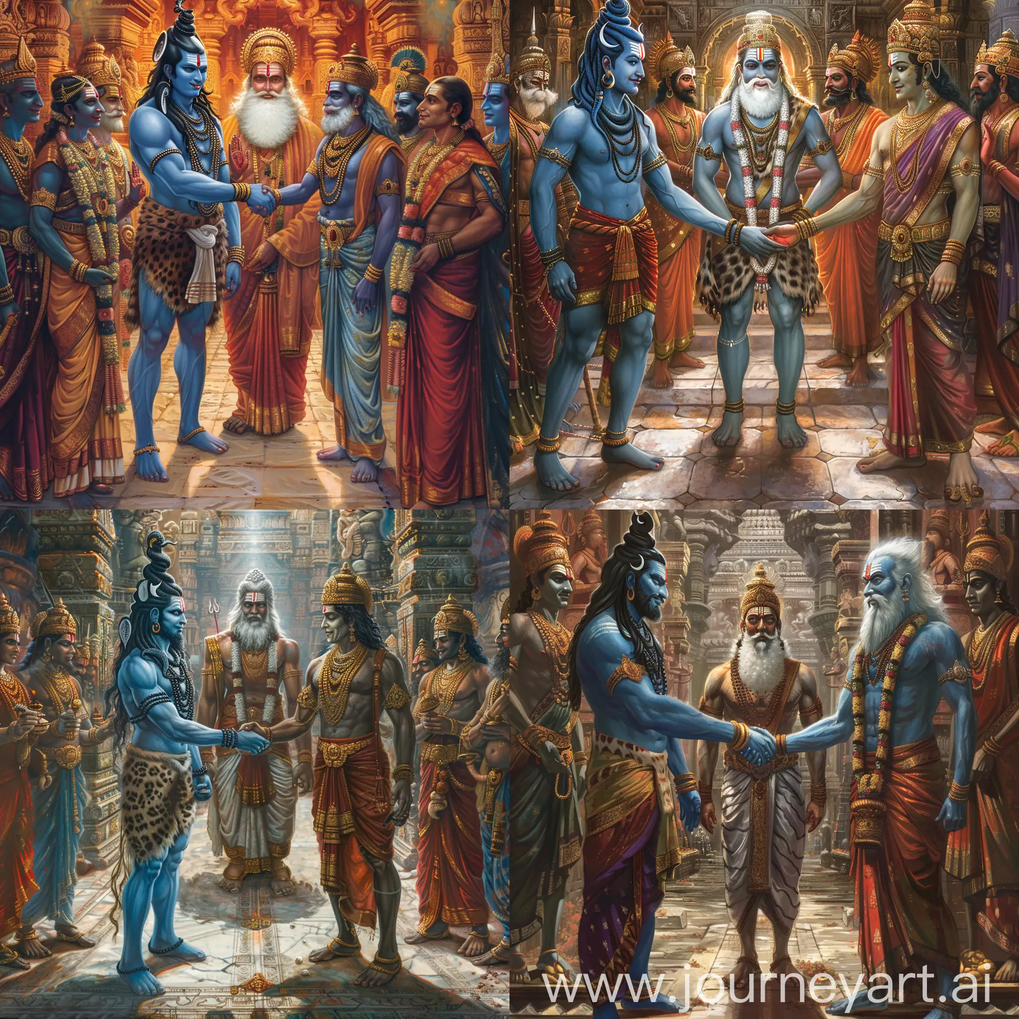 Hindu Gods, Shiva is shaking hand with Vishnu, both are blue skin and don't have beard.

Brahma is in the middle at background. Meanwhile, Brahma has white beard.

Inside an ancient splendid Hindu temple. Other Hindu gods such as Ganesha, Hanuman, Indra, Agni on two sides..