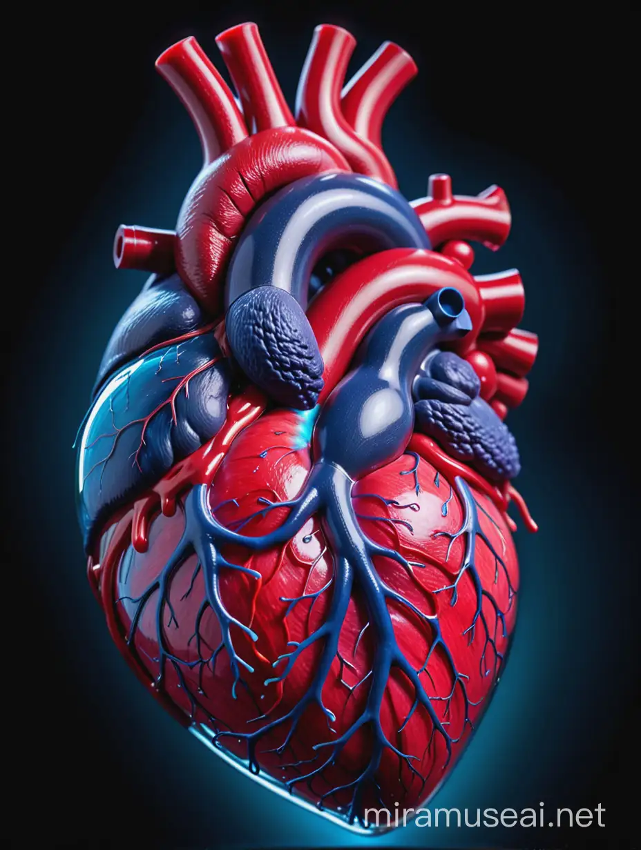 Transparent human heart, surging liquid, deep blue dark red, wave pattern, heart shape, large artery, black background, fantasy vision, macro photography, red light, mysterious emotion. Holography, Cra Style, Aerosol Paint 