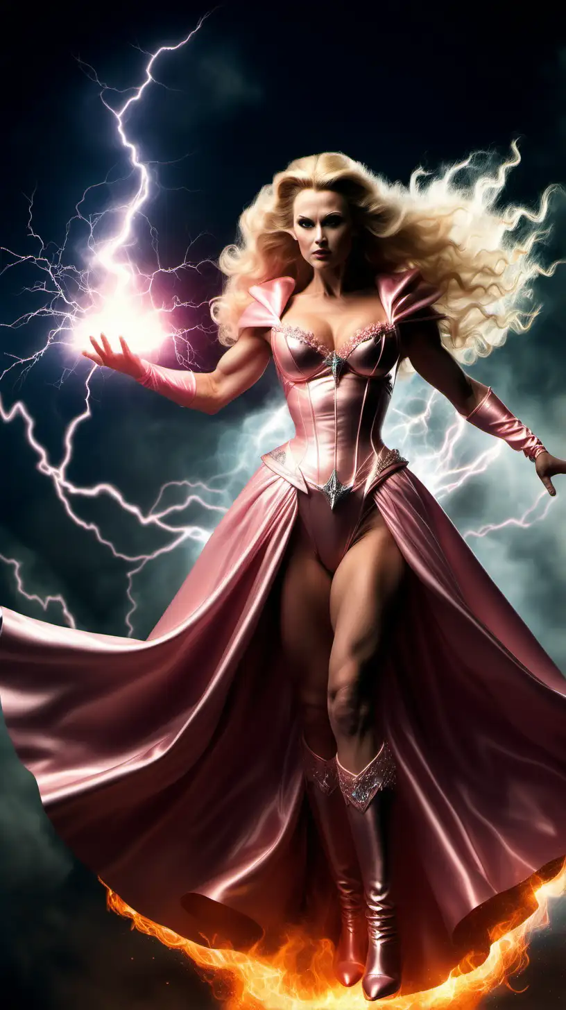 All powerful super being controlling the universe with mystical powers. Thunder lightning electrical with fire and smoke. Levitaring, hovering, flying. Looks like very muscular good witch glinda, biggest muscles in history, large fake breasts. 