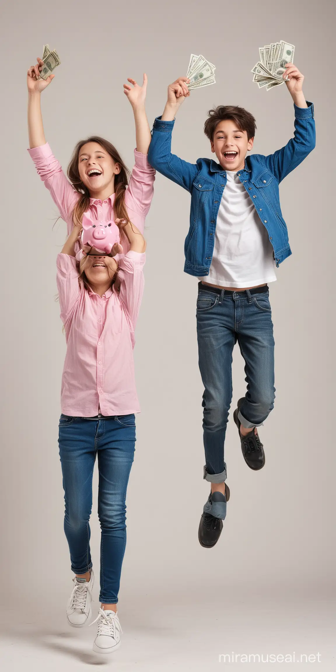 teenager a girl and a boy jumping happily  holding a piggy bank and another one is holding money 
 in plain backgound