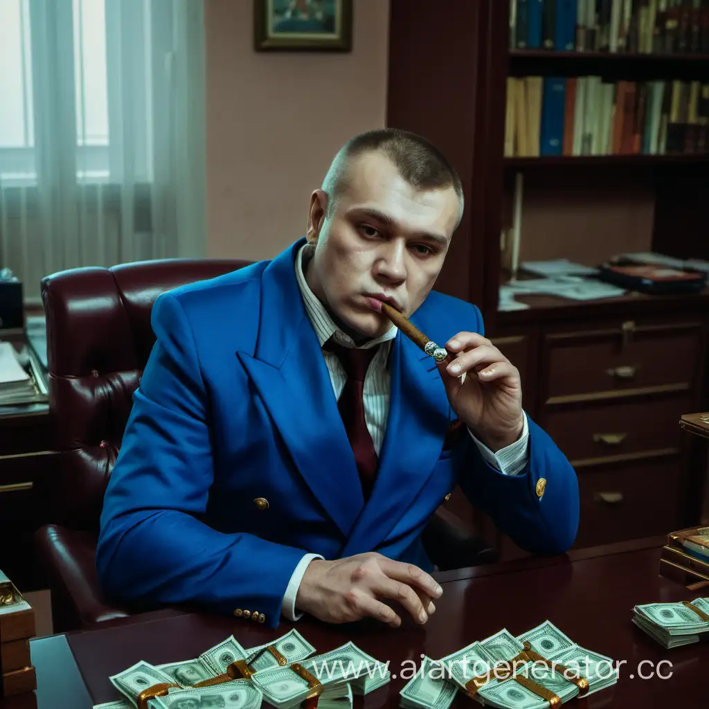 Добышев богдан МаксМаксбетович в синим пиджаке сидит у себя в кабинете покуривая сигару и считает свои большие деньги