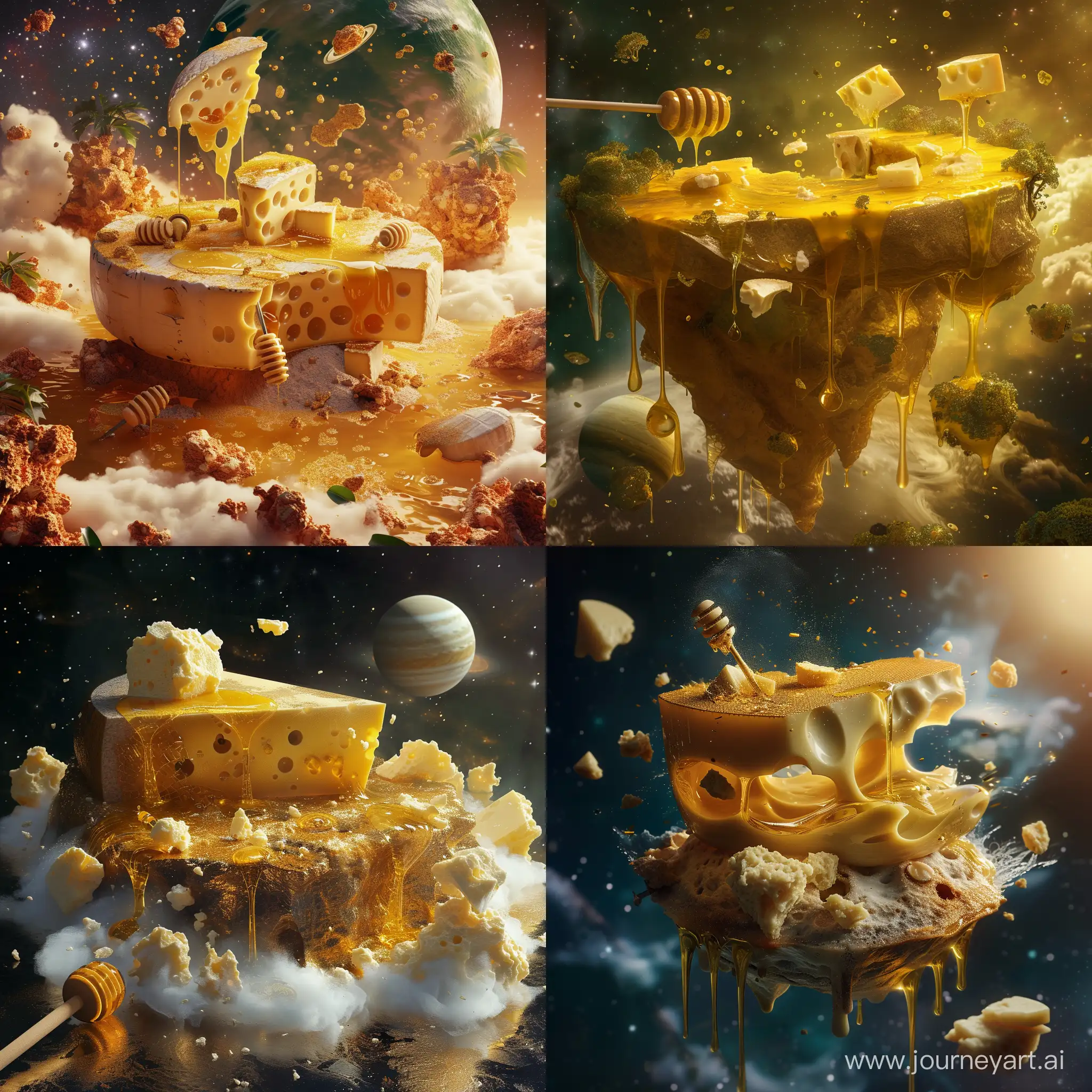 mixing of island and earth and cheese and gold  and honey and planet, in the galaxy, fantasy style, realistic