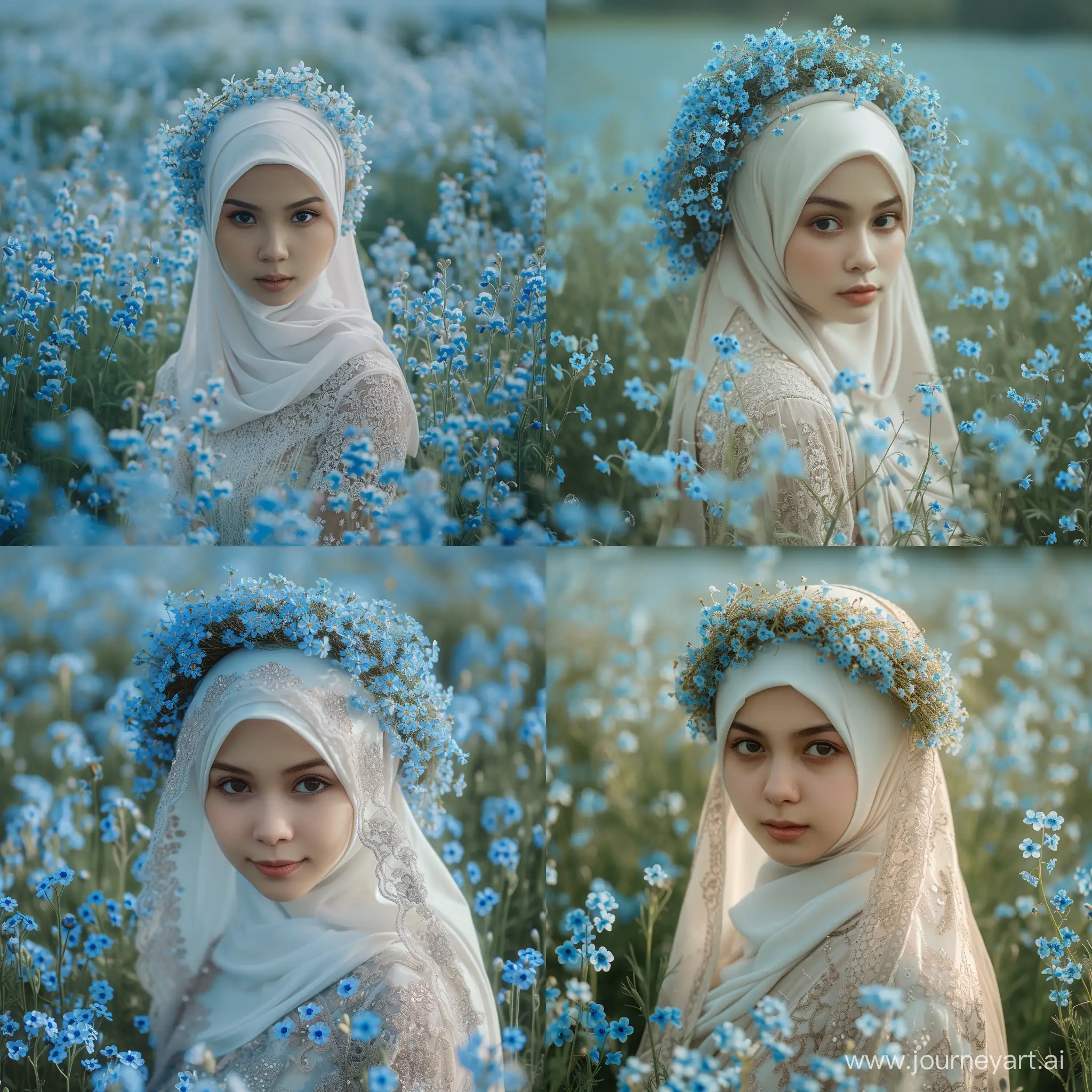 beautiful sundanese girl in a beautiful white hijab dress with a wreath of forget-me-nots on her head in a beautiful field of forget-me-nots ,art, cinematic, Sony A7, 4k, --v 6 --style raw --s 250