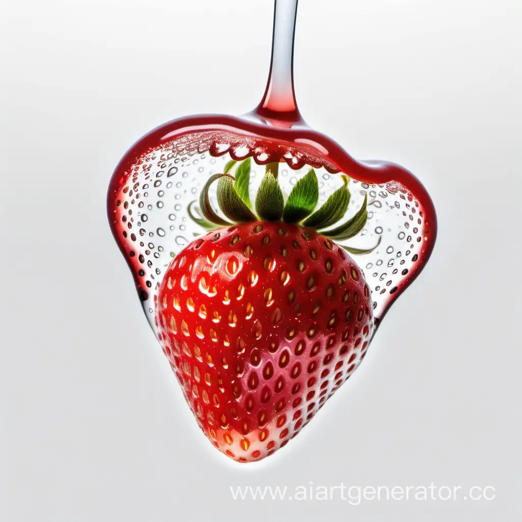 a strawberry berry on which a transparent gel flows on a white background