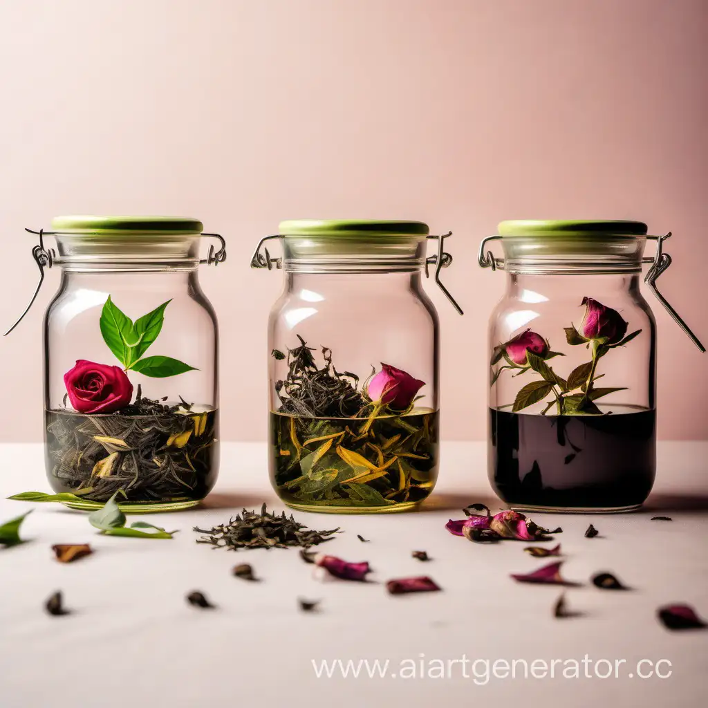 Lovely black and green tea in a transparent cup, around jars with dried rose, jasmine, and basil buds.