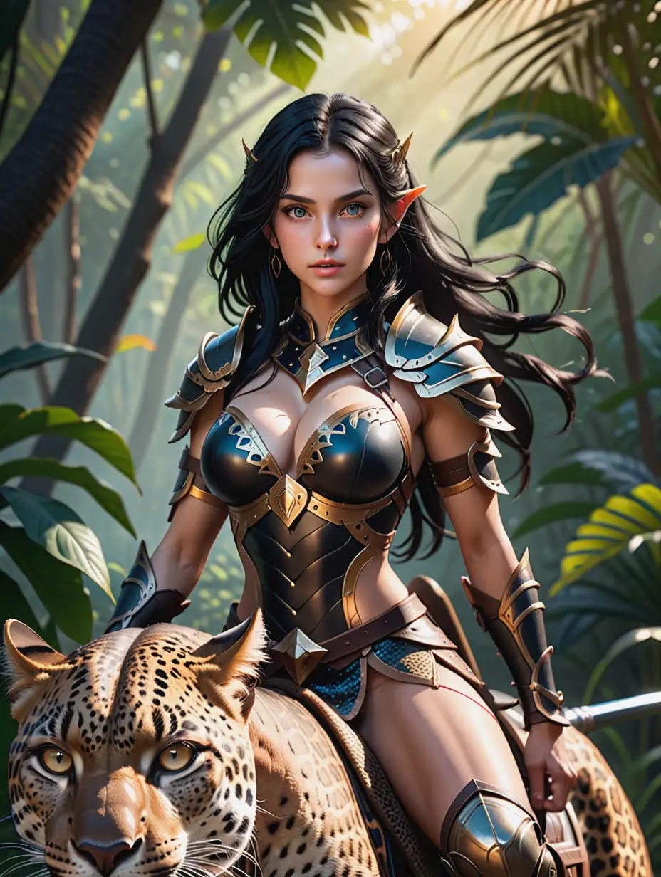 A beautiful female high elf warrior, she's dressed in sexy plate armor, pitch black hair, large natural breasts,  Her eyes reflect a mix of determination and vigilance, she's riding on the back of an extremely large spotted leopard, background is of a jungle at sunset, full length photo, angle from below, intricate details, detailed face, detailed eyes, hyper realistic photography, ultra sharp, random details, imperfection, skin texture, skin pores, dark vignette, octane render, unreal engine