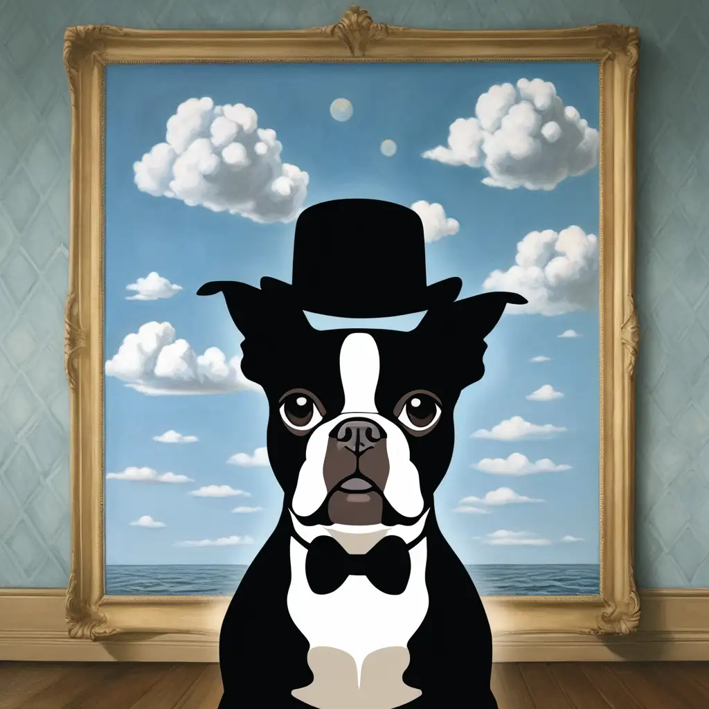 Boston Terrier Celebrating Dog Day in Rene Magritte Cinematic Style