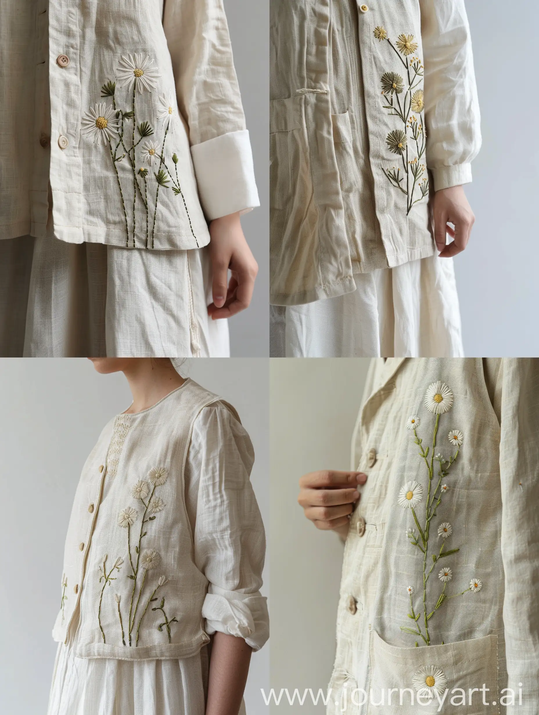 Jacket and vest, with embroidery, cream color, linen material, handmade embroidery design of chamomile flower, with small and low embroidery on one side.
