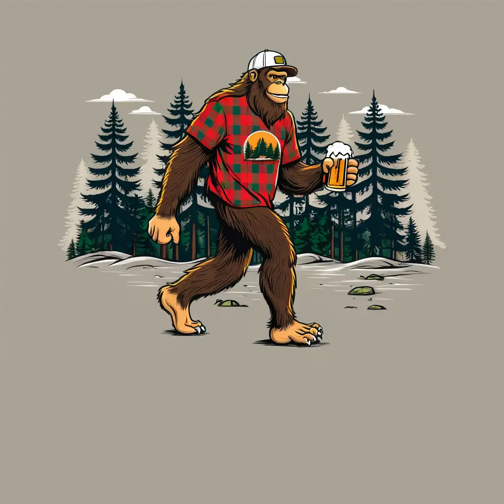 tshirt vector, bigfoot wearing a flannel shirt and baseball cap running through the forest with trees in the background carrying a mug of beer, detailed, clear lines, colorful colors, high quality tshirt design on a white color background, presentation ready, white background 