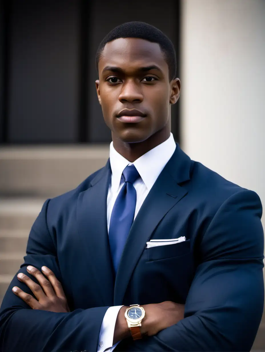 determined, attractive,  Black man, twenty-five-year-old, with a square jawline, a muscular body, light-brown skin, distinguished attorney, professionally dressed,  in a navy suit with a white shirt, arms folded across his chest, standing in front of a courthouse 