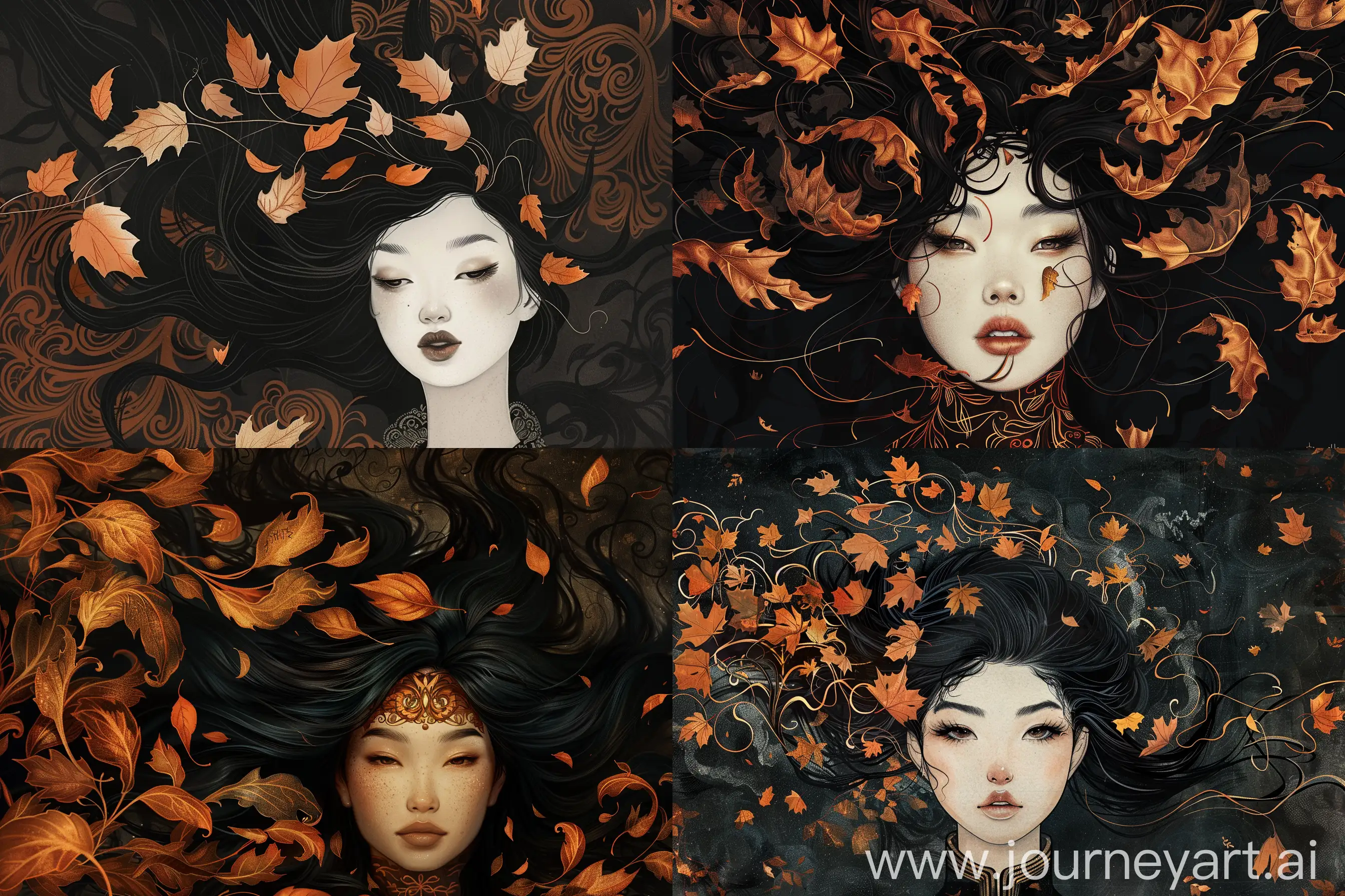 an illustration of an asian woman with black hair, an art deco, inspired by Jeremiah Ketner, many orange and brown autumn leaves for hair, dark background, maxim sukharev, baroque, extremely detailed, lovely gesicht expression, gustav klimt style  --q 2 --ar 3:2