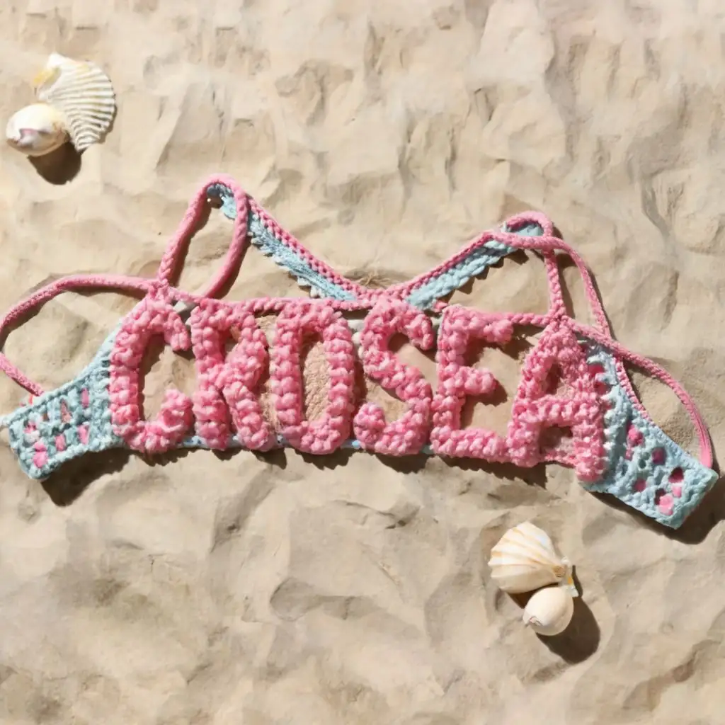 logo, crochet bikini beachwear, with the text "crosea", colorful pink and blue bikini item shells