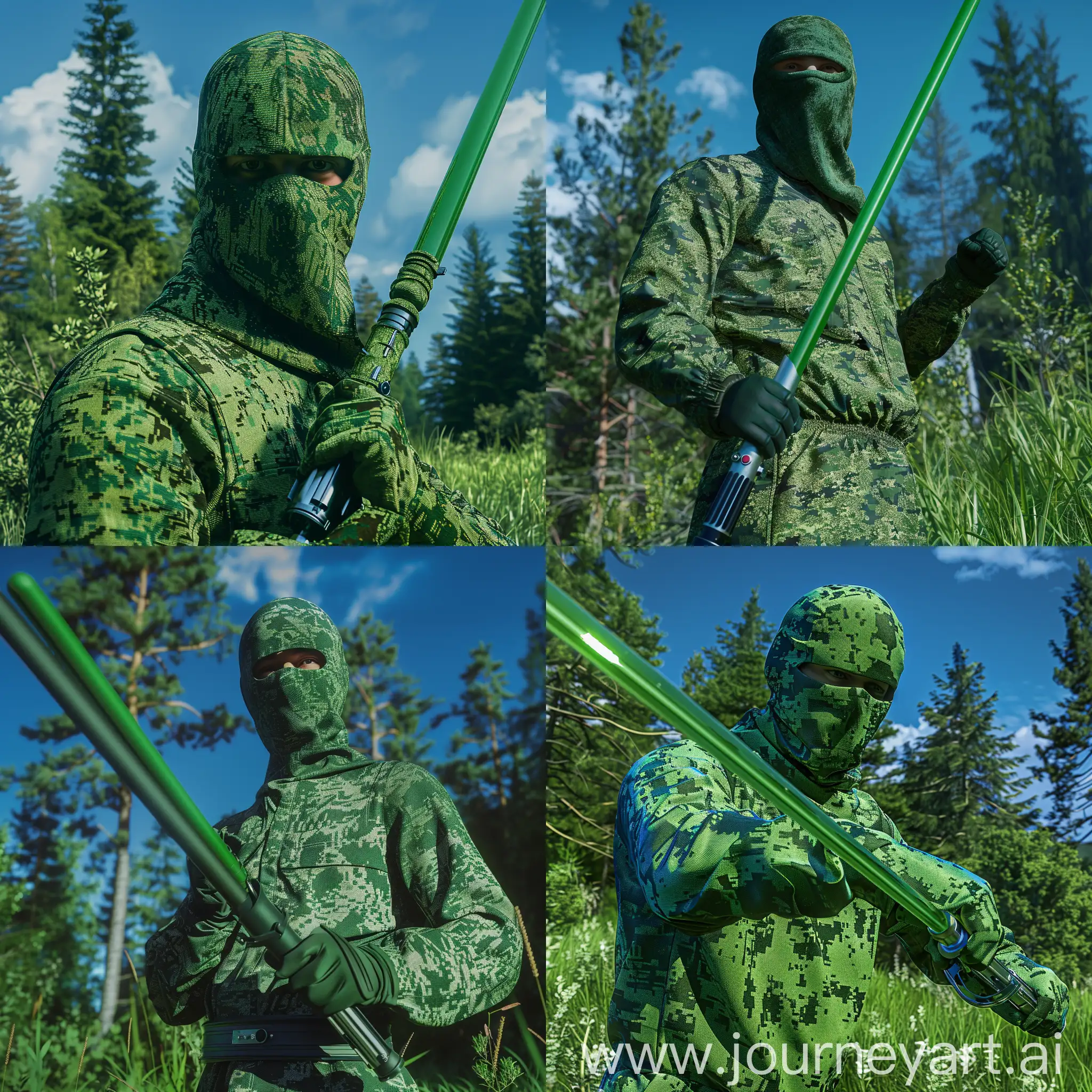 A man in a balaclava, green camouflage suit, holding a green star wars sword, forest background, blue sky, green grass, maximum detail, realistic, hdr, 8k