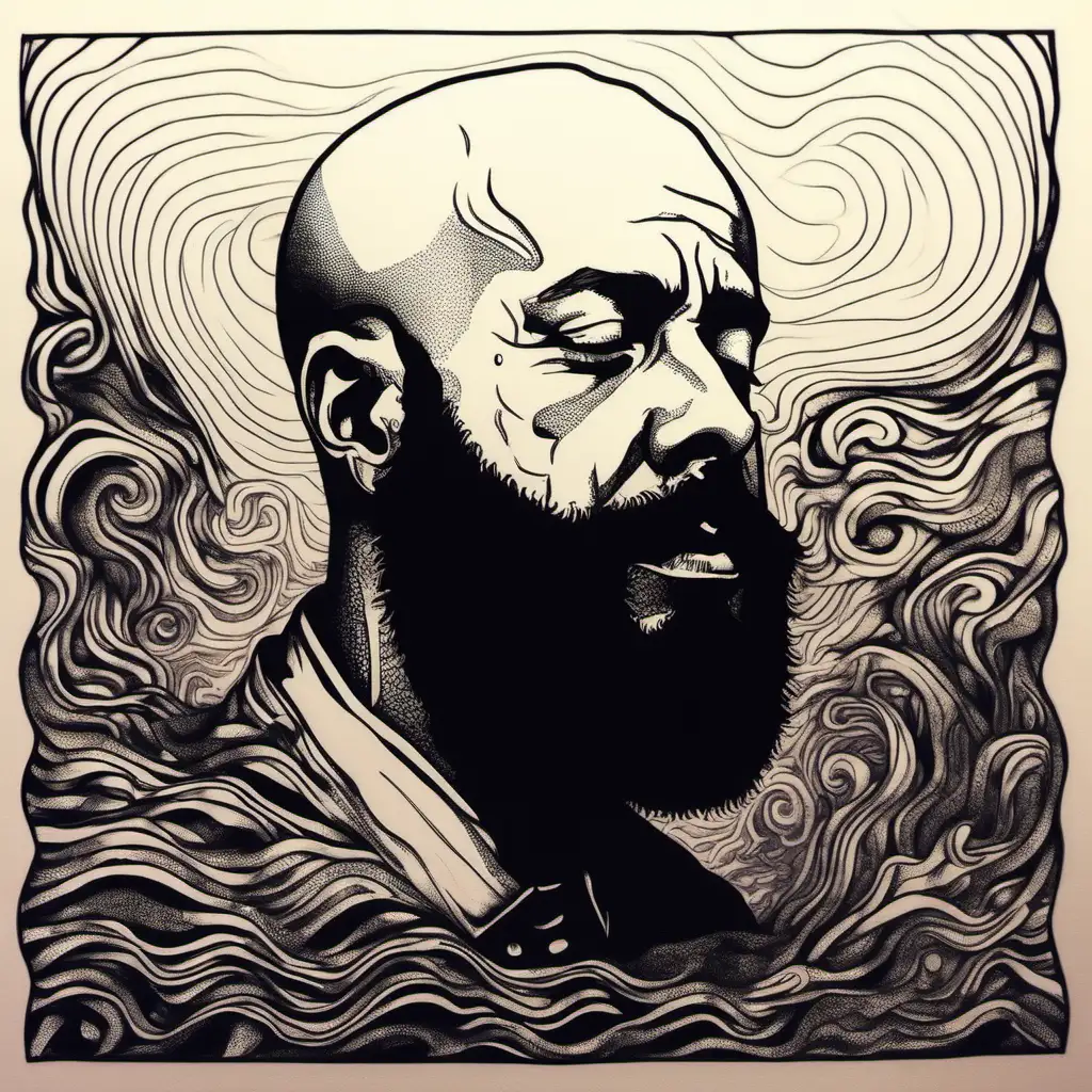 Bald man with a beard, whiplash, nodding, silhouette, black fine liner ink art, album cover,