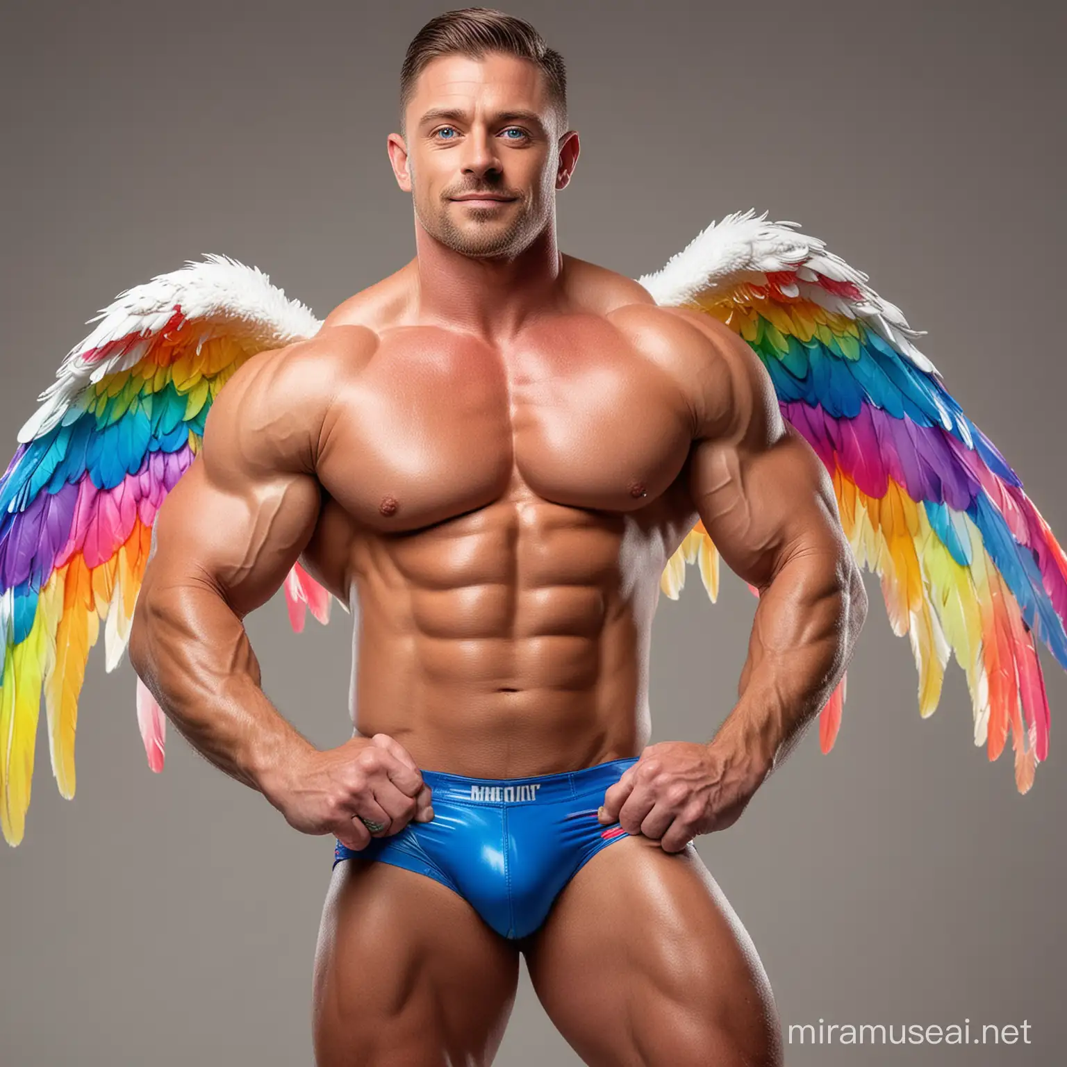 Studio Light Topless 30s Ultra Chunky Happy IFBB Bodybuilder Daddy with Beautiful Big Blue Eyes wearing Multi-Highlighter Bright Rainbow with white Coloured See Through Eagle Wings Shoulder LED Jacket Short shorts left arm Flexing Bicep Up Pose seating on