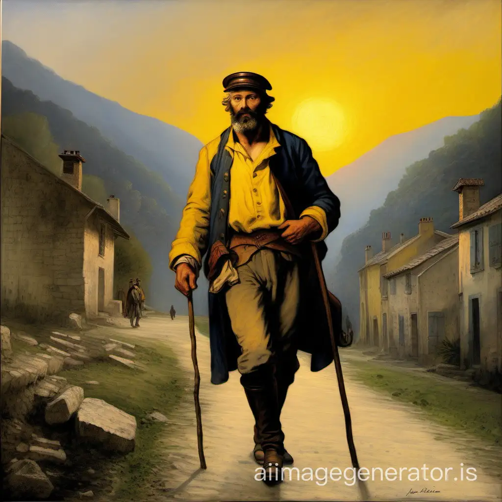 In the 19th century, a Jean Valjean arrives in Digne at sunset. He is of medium height, stocky, robust. He wears a leather visor cap, a yellow shirt, and carries a soldier's bag. He walks with a stick in hand. Long beard. Oil painting.