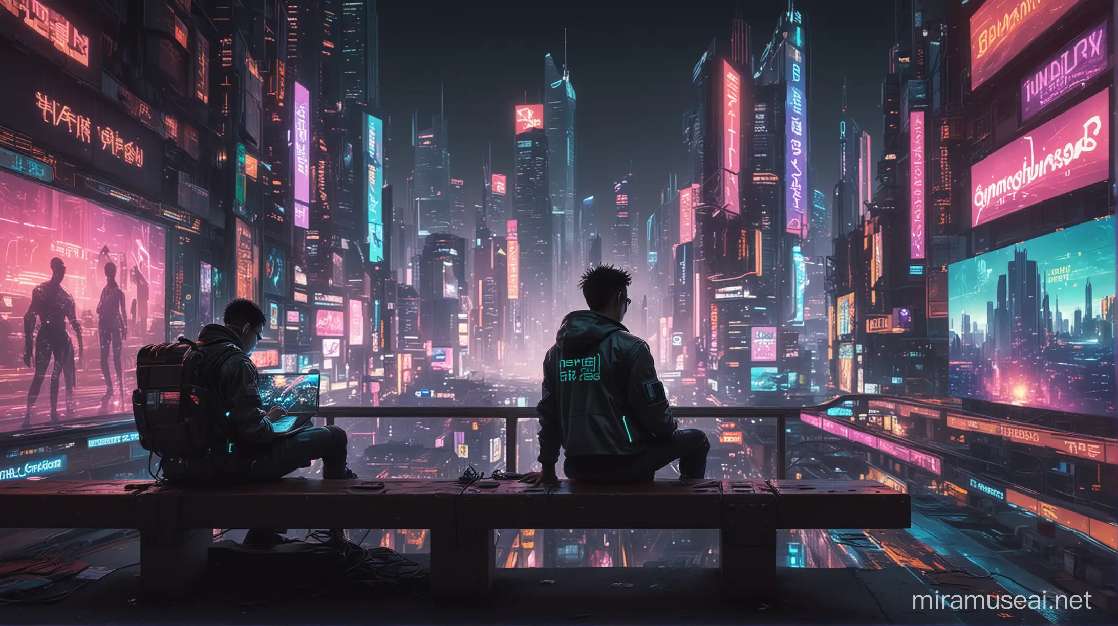 "In the heart of a neon-lit cyberpunk cityscape, where towering skyscrapers cast long shadows over crowded streets, envision a scene pulsating with digital energy and futuristic allure. Amidst the chaos of the urban jungle, a lone figure sits perched on a weathered bench, surrounded by the glow of holographic advertisements and flickering neon signs.

The figure, a young gamer boy, is dressed in cybernetic-inspired attire, with glowing circuit patterns woven into his clothing. His eyes, framed by augmented reality lenses, are fixed on a transparent laptop resting on his lap. The laptop hums softly with activity, its sleek surface revealing the intricate circuitry and glowing neon lights within.

As the boy's fingers dance across the translucent keys of the laptop, the holographic interface projects a virtual world of endless possibility and adventure. His face is illuminated by the soft glow of the laptop screen, reflecting the vibrant colors and dynamic visuals of the digital realm.

Behind him, the city skyline glimmers with the neon glow of countless advertisements and holographic projections, casting a surreal backdrop against the darkened sky. Each sign tells a story of its own, with retro-futuristic designs and glowing typography that evoke a sense of nostalgia and wonder.

In this cyberpunk dreamscape, the gamer boy is a digital explorer, navigating the virtual landscape with skill and determination. As he delves deeper into the digital abyss, his surroundings fade away, and he is consumed by the boundless possibilities of the cybernetic realm.

Etched into the holographic display in a cool and stylish font, the words 'What's Next' shimmer with an otherworldly glow, beckoning the viewer to join the young gamer on his journey into the unknown."

