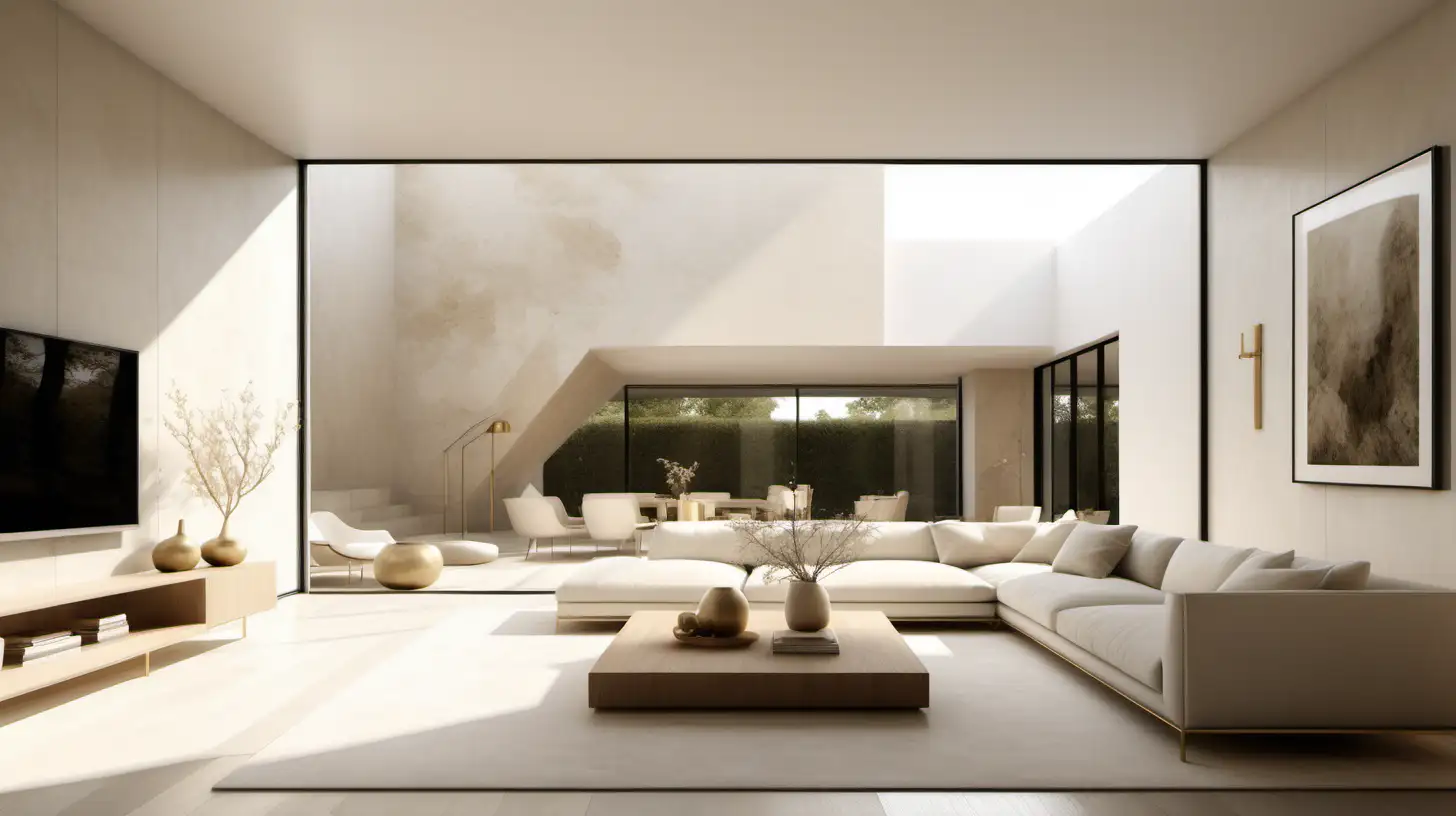 Imagine a hyperrealistic classic contemporary estate home Minimalist living room; walls in ivory limewash; Blonde Oak; Brass; organic; large modern window; 