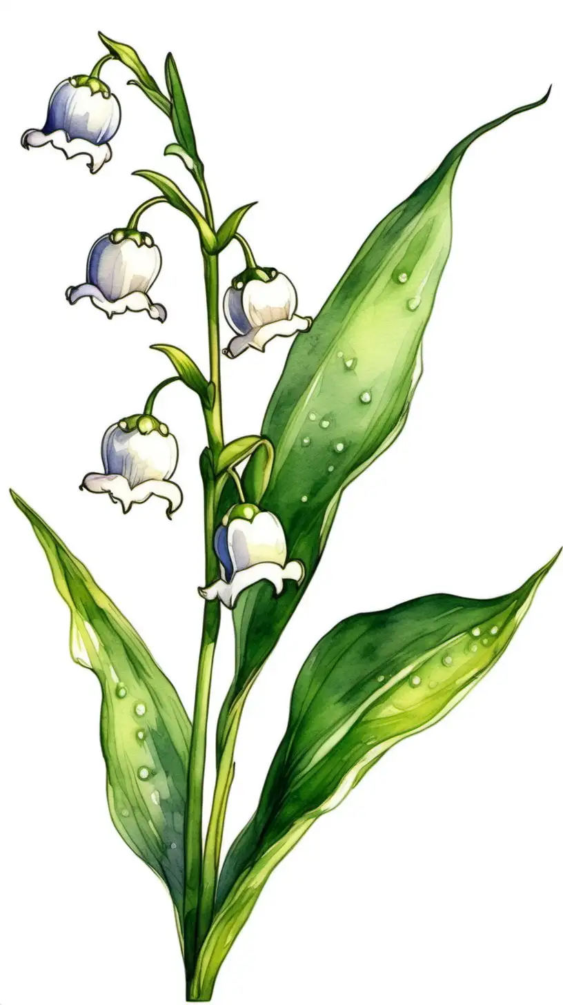  single Lily of the Valley flower with long stem in and without leaves in white background in watercolor pseudo style, leaning to the left, vibrant 
