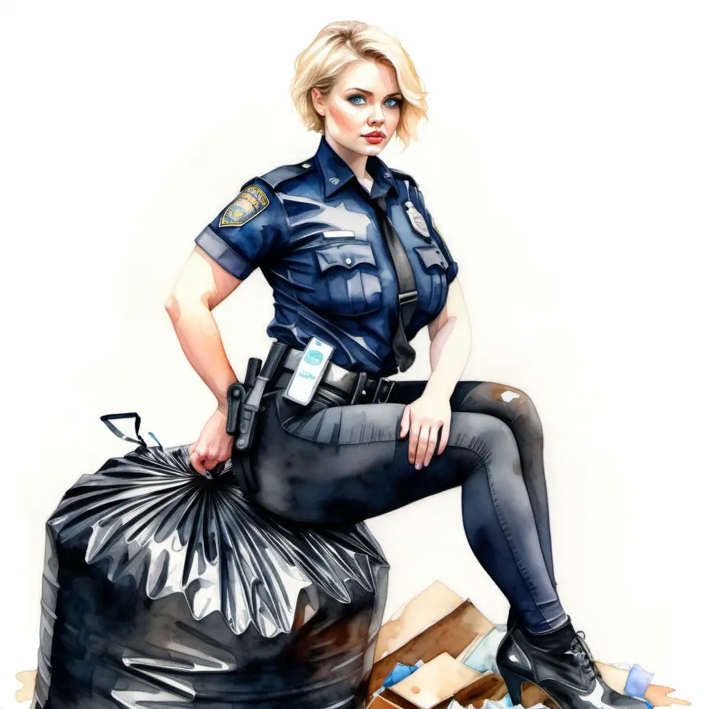 Sexy curvy blonde woman, short hair, blue eyes, police officer dressed in black, leggings fitted and sitting on top of a garbage bag and tying it with an elastic band.. Watercolor