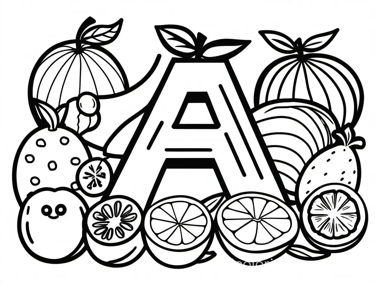 A Stylish Alphabet Letter with some fruits tracing kid activity coloring page for kid black and white, Coloring Page, black and white, line art, white background, Simplicity, Ample White Space. The background of the coloring page is plain white to make it easy for young children to color within the lines. The outlines of all the subjects are easy to distinguish, making it simple for kids to color without too much difficulty