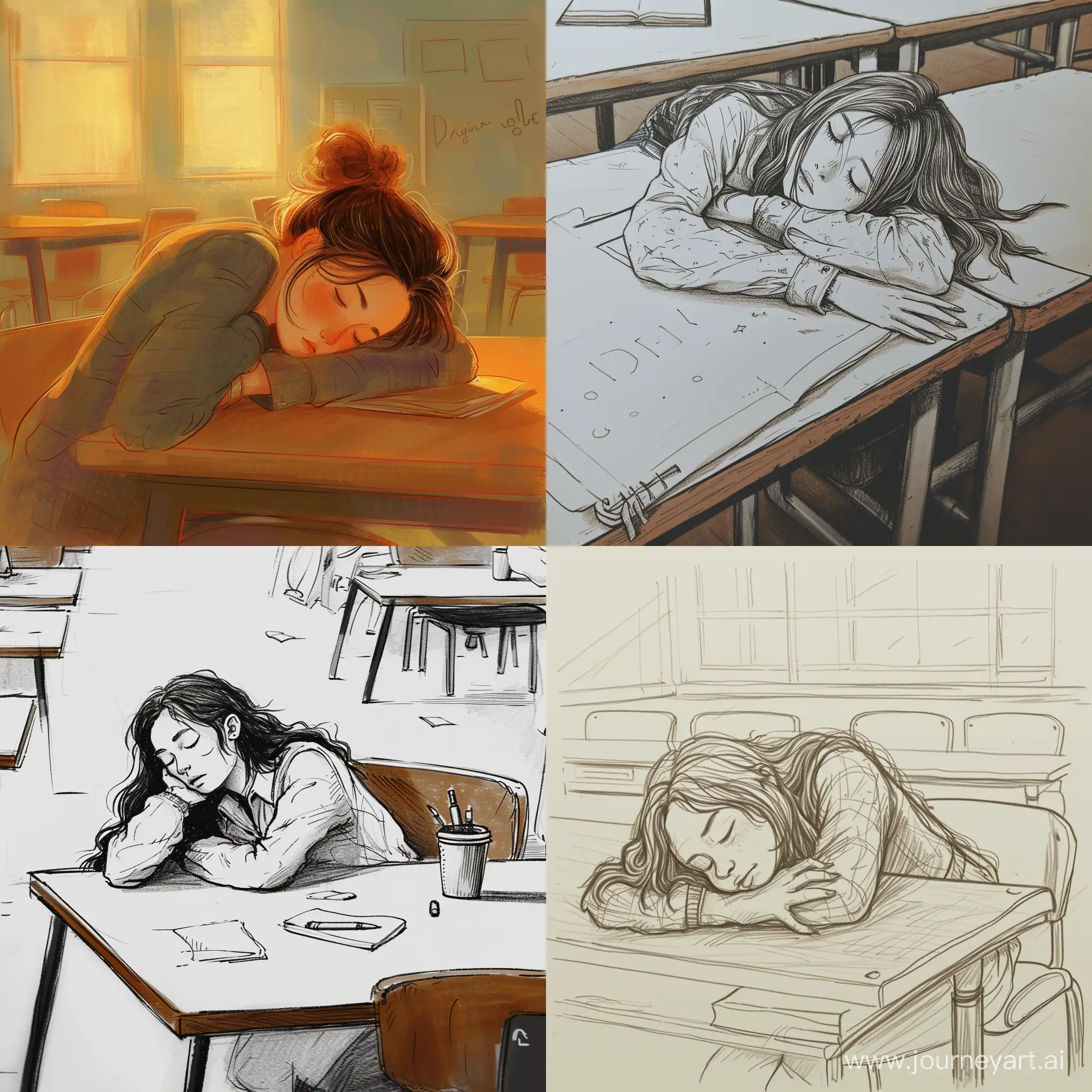 Нарисуй девочку которая спит на парте в университете 