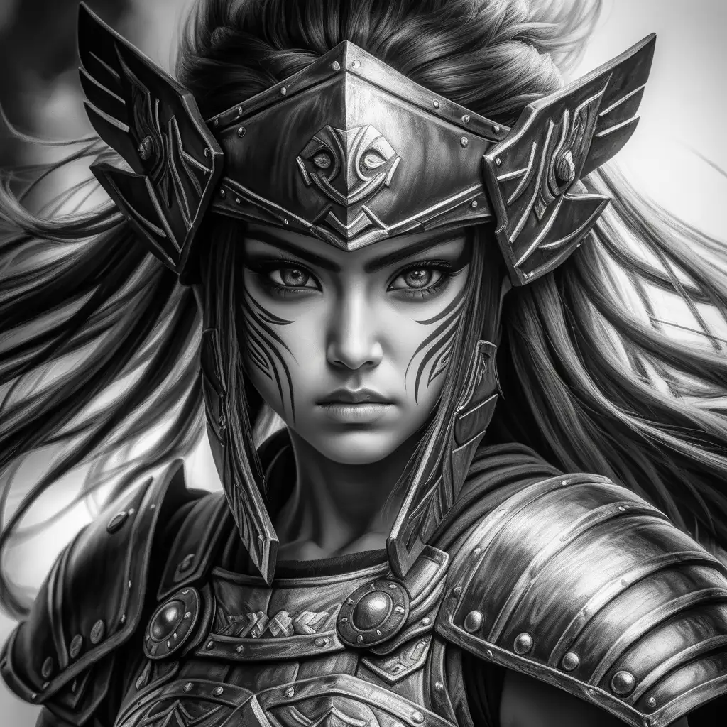 Craft a captivating charcoal art piece featuring a beautiful anime girl warrior. Showcase her strength and determination through dynamic poses and bold strokes. Emphasize intricate details in her armor, weapon, and flowing hair, allowing the charcoal medium to bring out both the fierceness of battle and the elegance of her character. Utilize contrasts between light and shadow to create a dramatic atmosphere, capturing the essence of a warrior ready for action in this unique charcoal portrayal, intricate details, detailed face, detailed eyes, hyper realistic photography,--v 5, unreal engine,