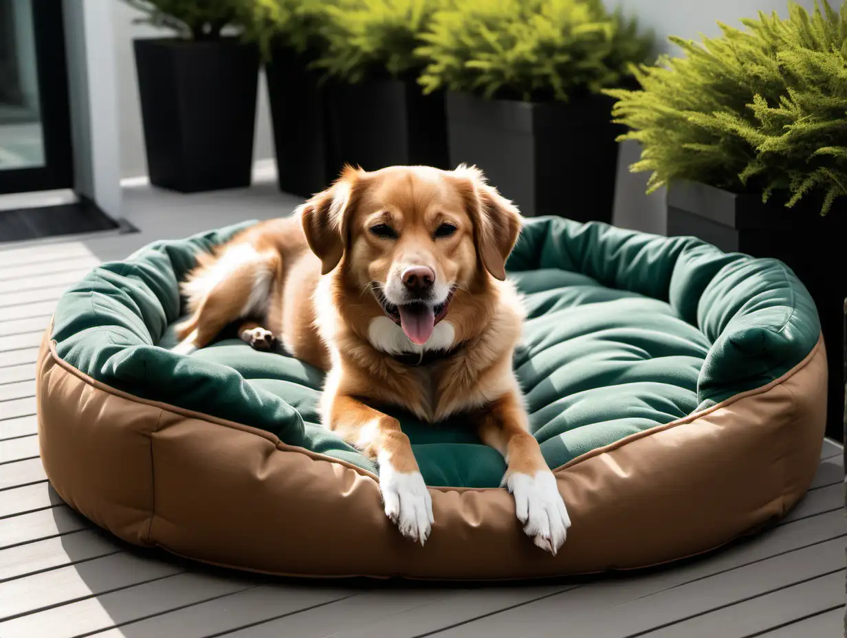 Create an image of a dog relaxing on the soft dog bed. The dog bed is located on the outdoor terrace of the house. The house looks high-end, and expensive, like a wealthy family is living there. The dominant colors of the image shall be muted browns, beiges, and forest greens.  The dog looks relaxed and happy, with tongue out, it's looking down like sniffing something on the ground. 