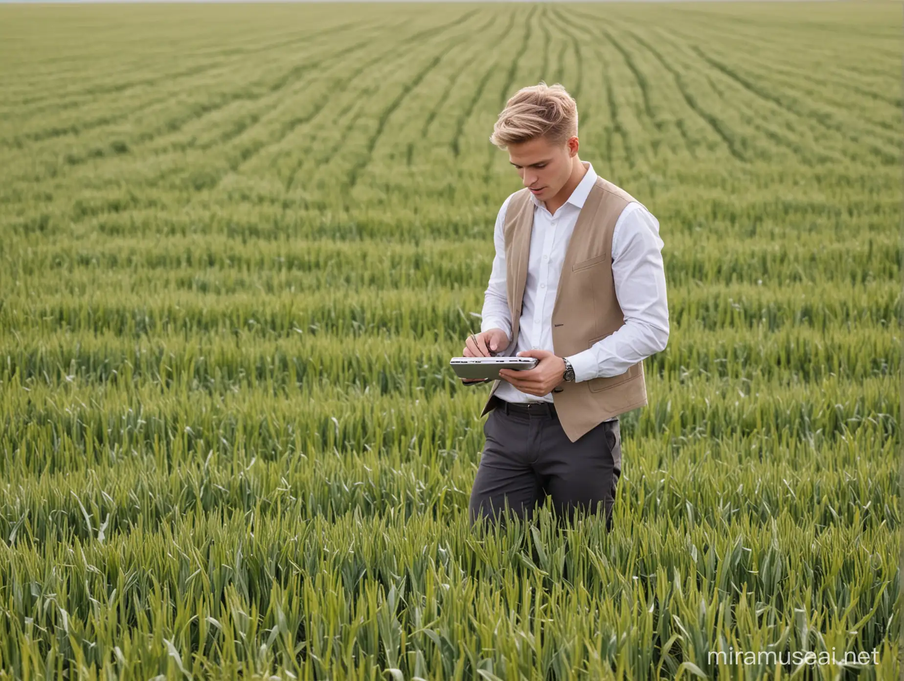 Young Business Consultant Evaluating Crops in European Spring Fields