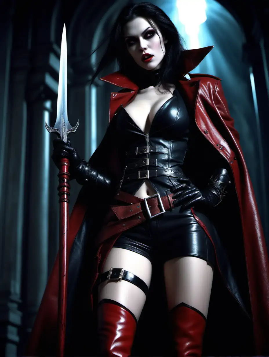 (cinematic lighting), in the world of movie blade, 1 beautiful women vampire hunter, perfect breast, symmetrical face, long beautiful legs, red leather boots, hunting vampire, fierce face, angle from below, intricate details, detailed face, detailed eyes, hyper realistic photography