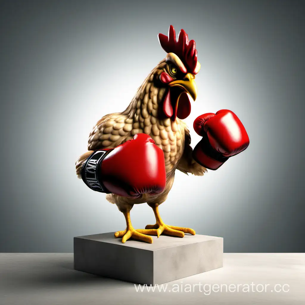 злая курица напротив боксерской перчатки на пьедестале