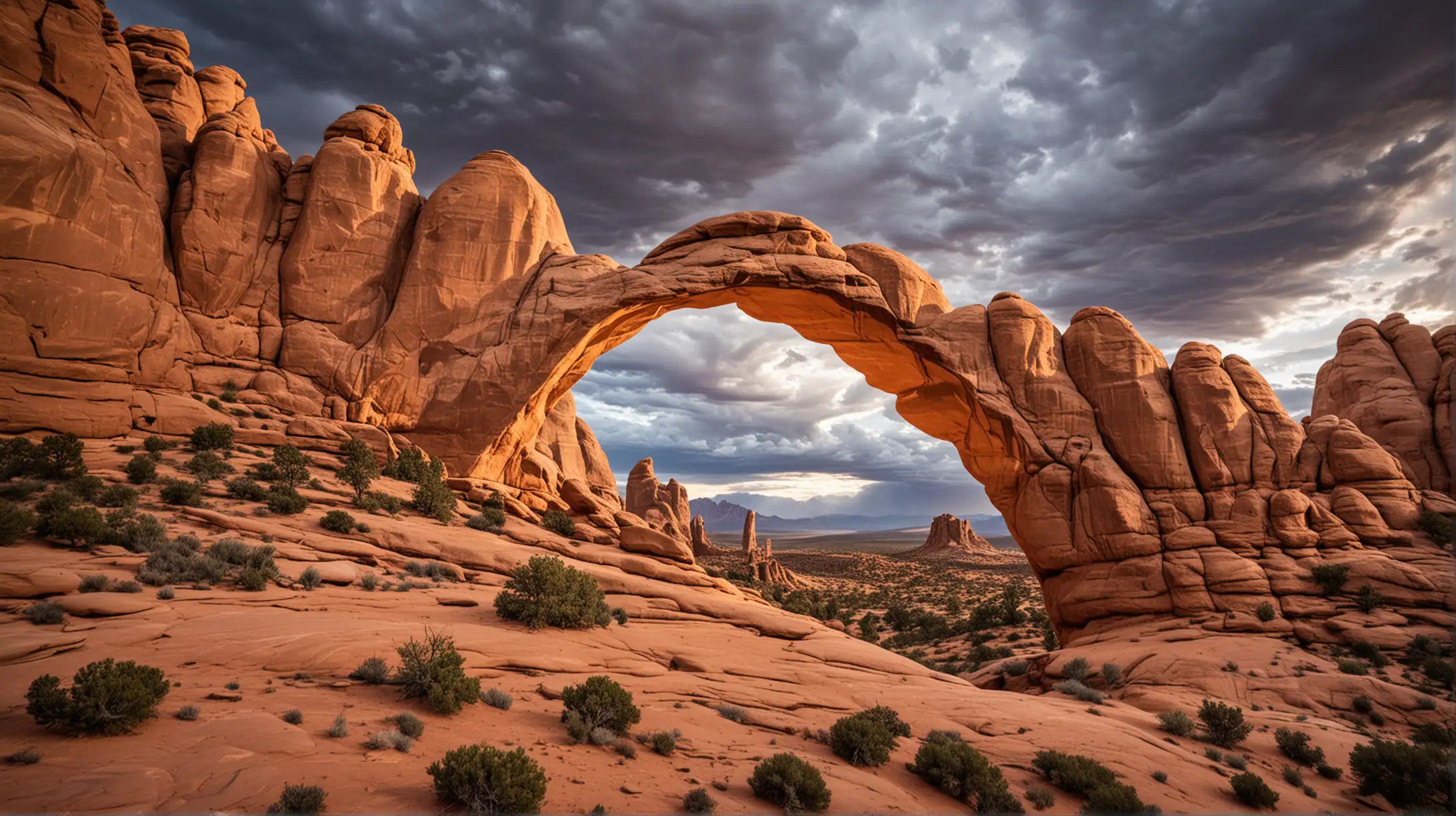 Skyline Arch, an arch in Arches National Park, late afternoon, dramatic sky, warm light.