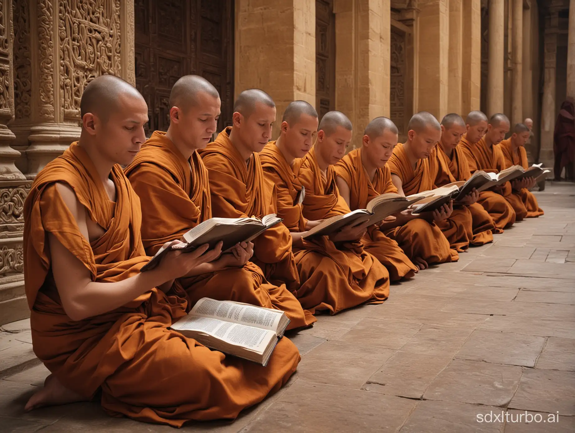 The venerable monks in the temple preach and expound the scriptures.