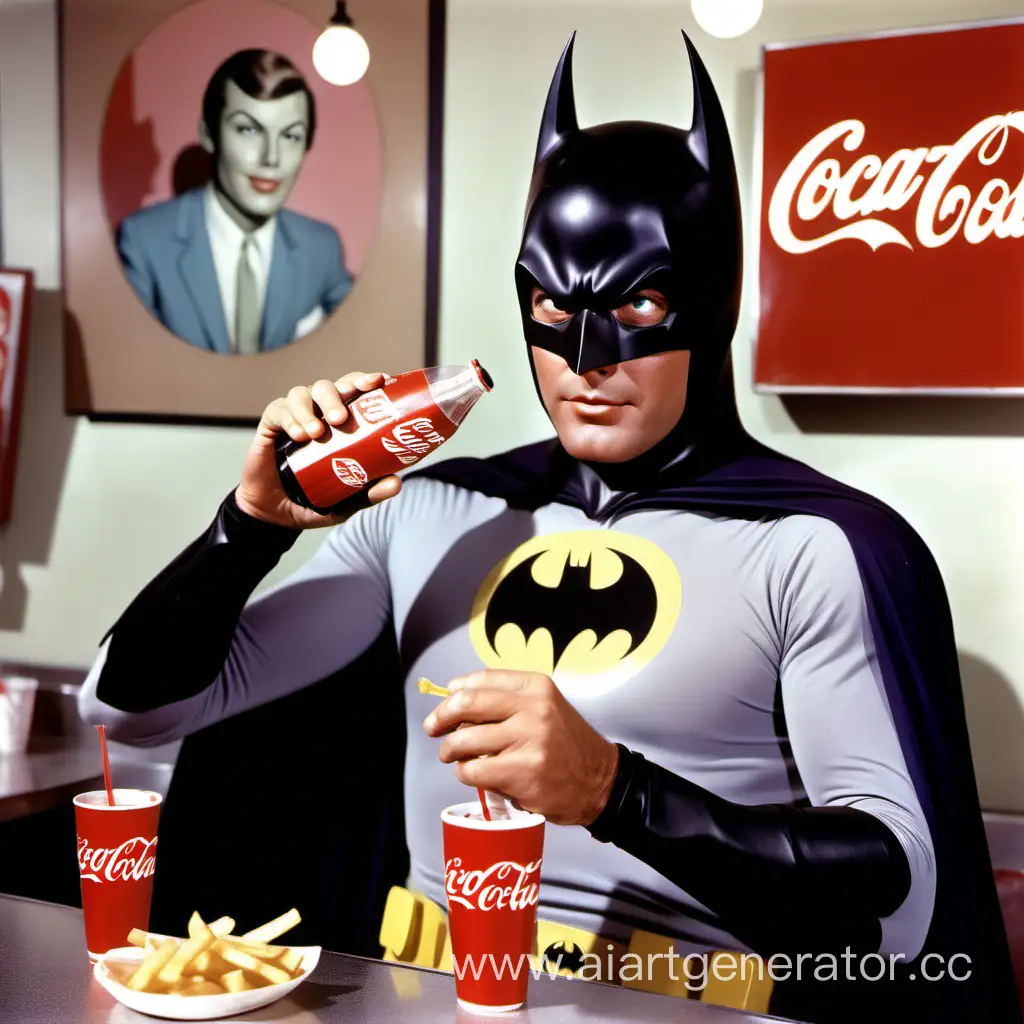 Batman Adam west 1966 having a Coca Cola  and fries at a burger joint
