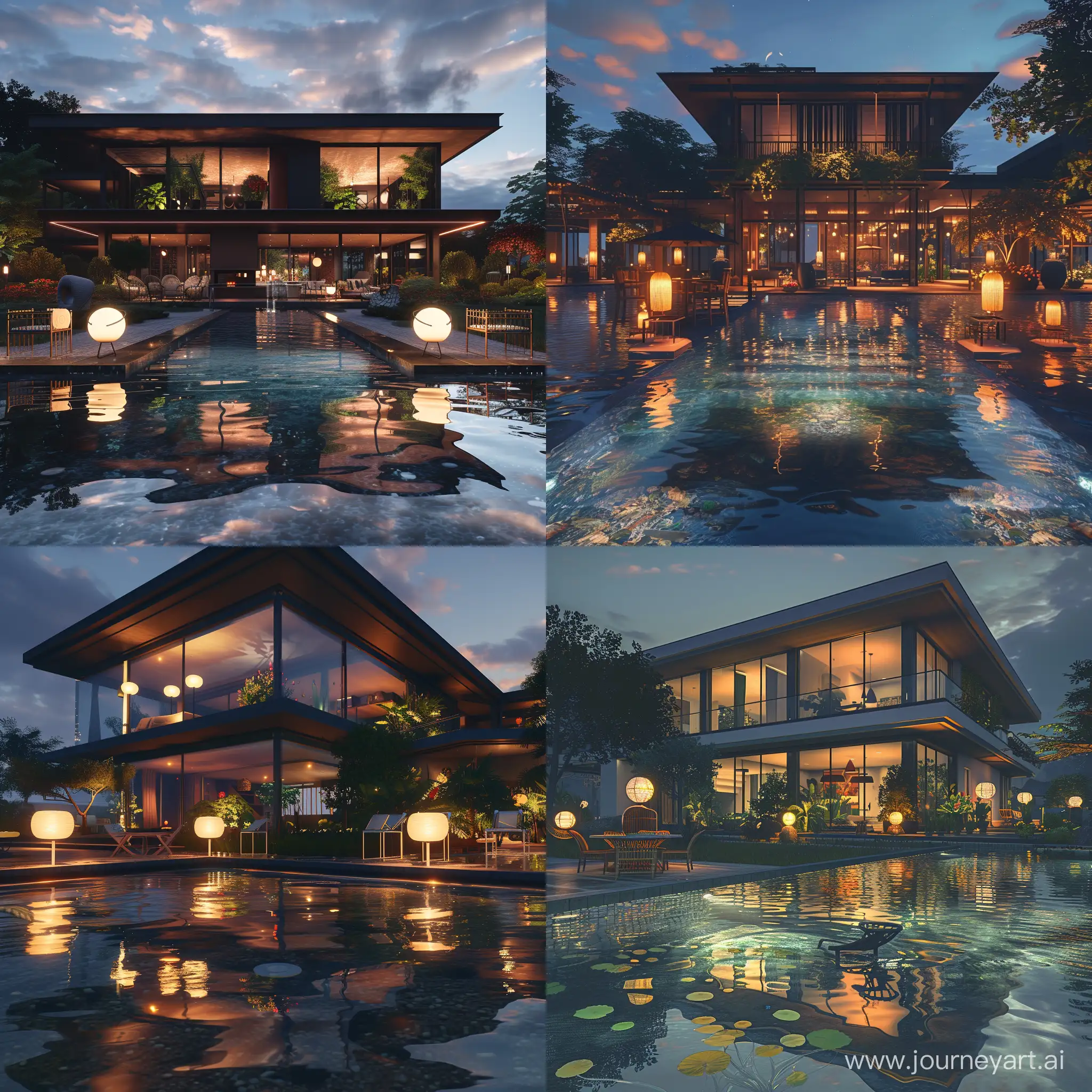 large modern house in suburb at night with Hyperrealistic botanic garden. a very small swimming pool with little table and chairs, clear water with reflections, lot of desighned lamps around. 8k, unreal engine, beautiful skies