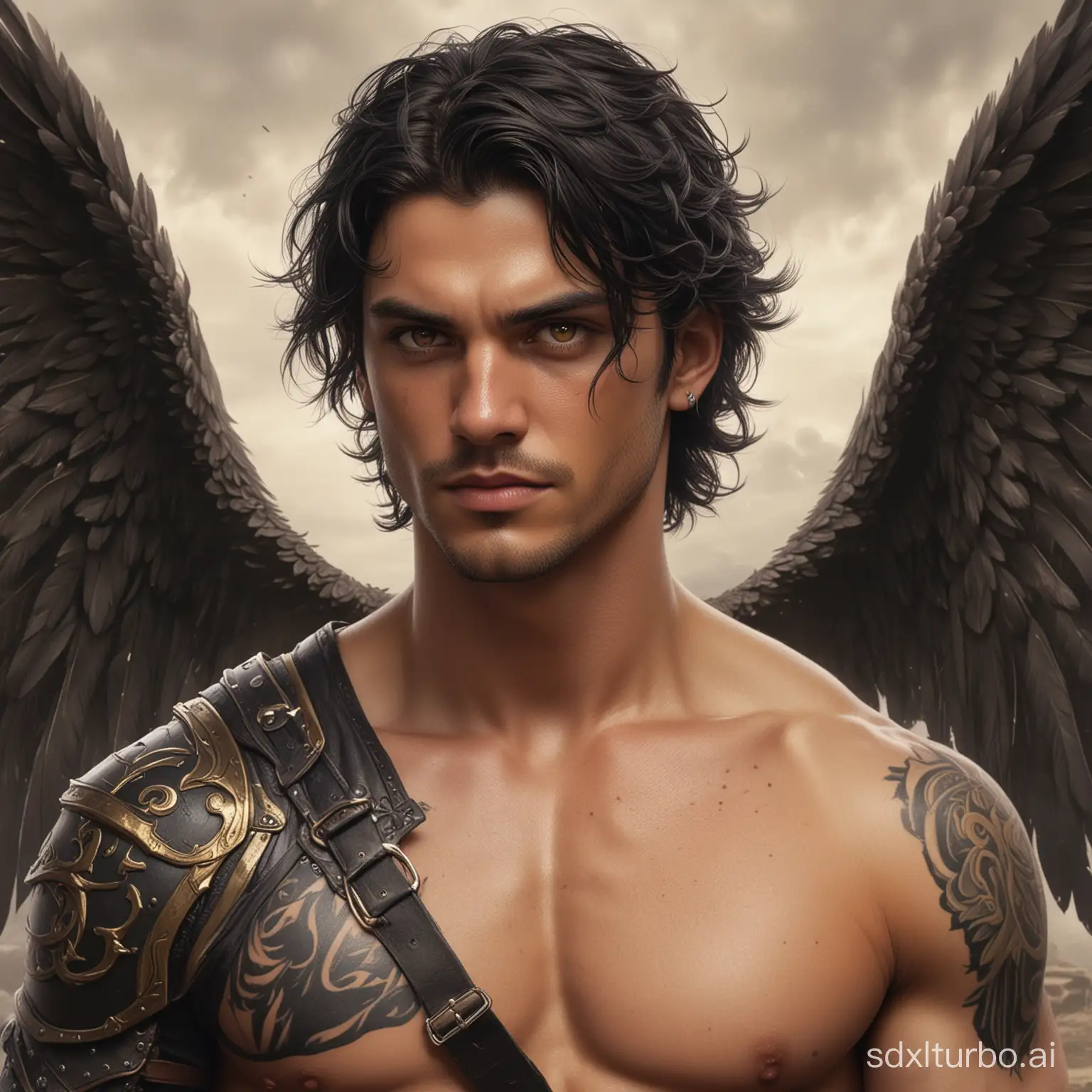 Male, black hair, wavy hair, shoulder long hair, black wings, early thirties, golden eyes, toned, attractive, handsome, bruised, manly, book character art, warrior, tattoos