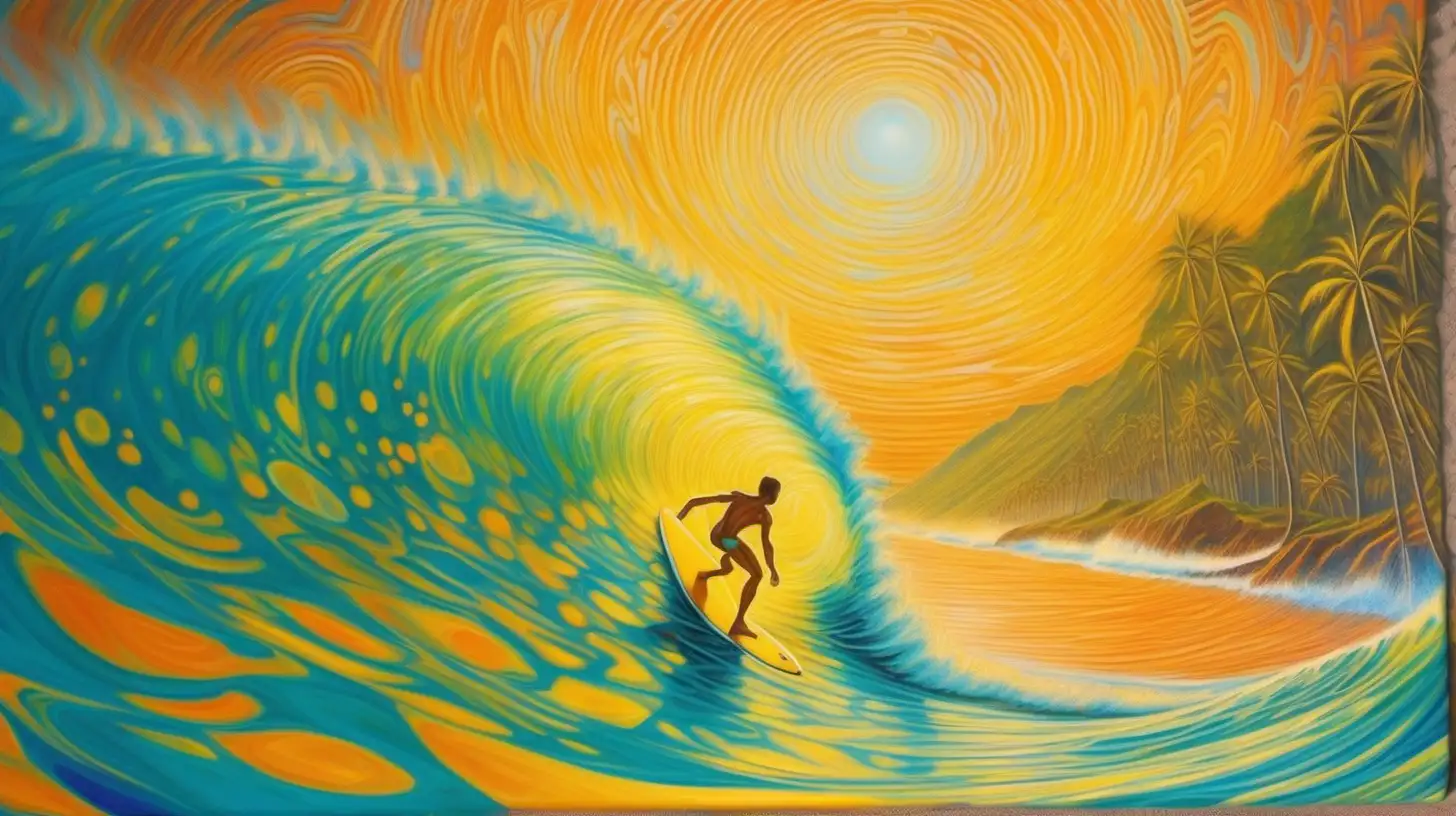 intricate oil painting, conceptual vision of surfing, a young shirtless hawaiian male 17 year old, trippy art style, psychedelic sunlight effects in yellows and oranges and turquoise