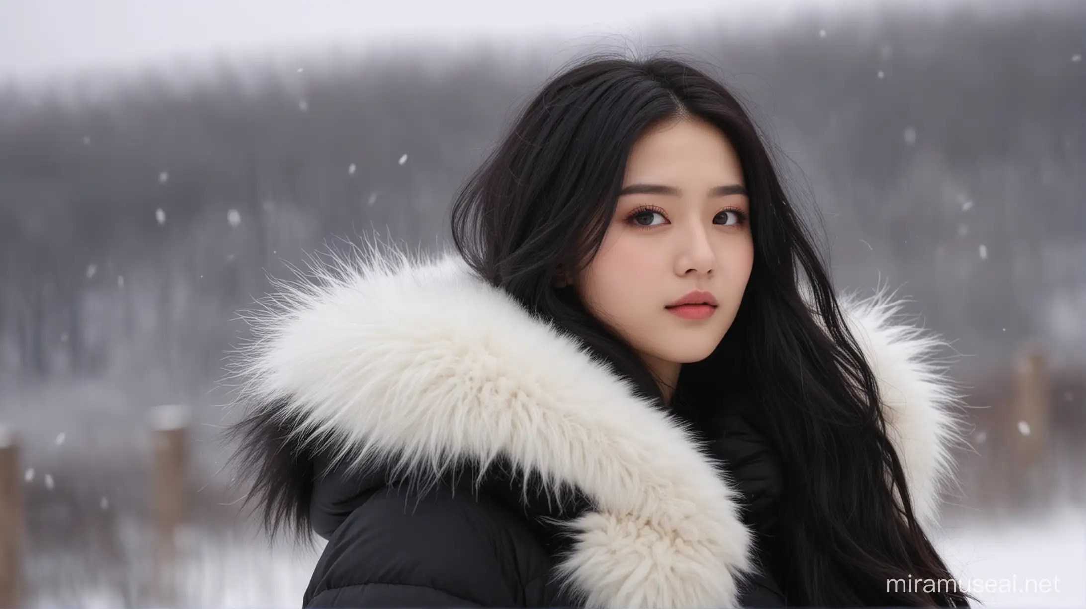 Elegant Beauty in Oriental Winter Wear Amidst Snowy Winds