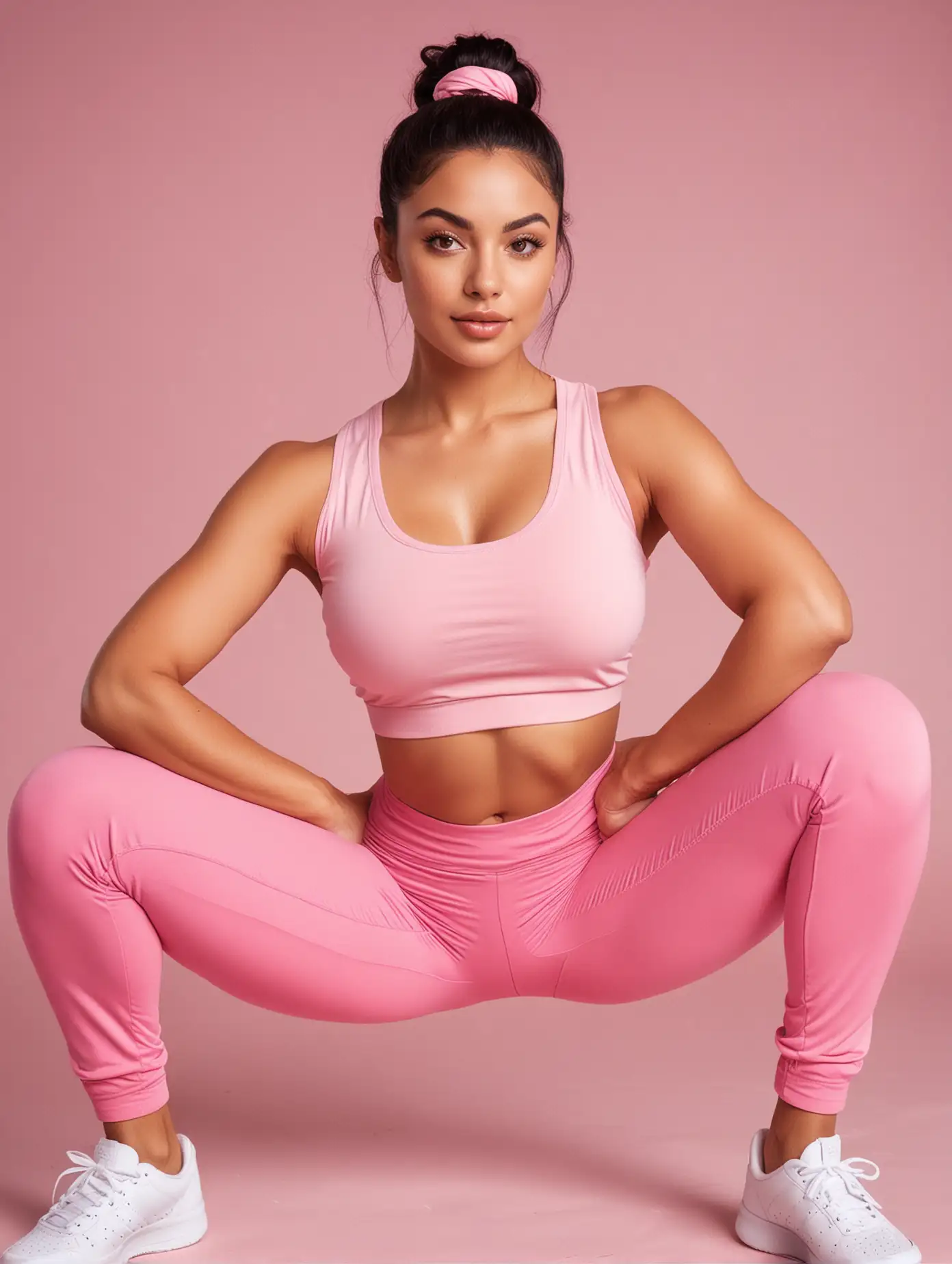 Voluptuous latina, with thin eyebrows, hazel eyes, straight black hair, pink sports top, pink yoga pants, white sneakers.