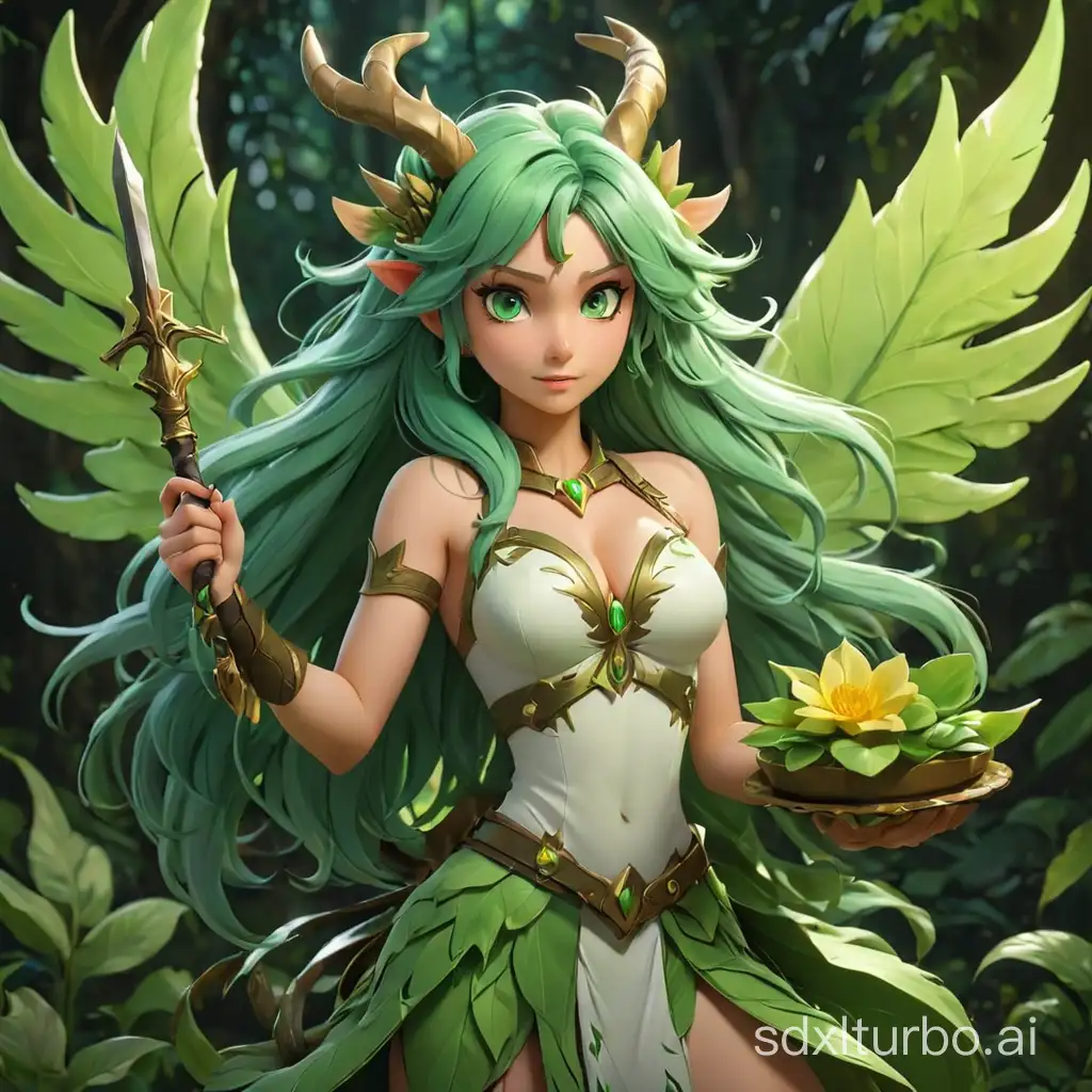 1girl, solo, green_hair, long_hair, green_theme, leaf, green_skin, horns, green_eyes, monster_girl, navel, plant, holding_two-tray_scale_balance, flower, breasts, colored_skin, holding _sword-leaf, plant_girl, glowing,angel antlers, leaf-feathered_wings