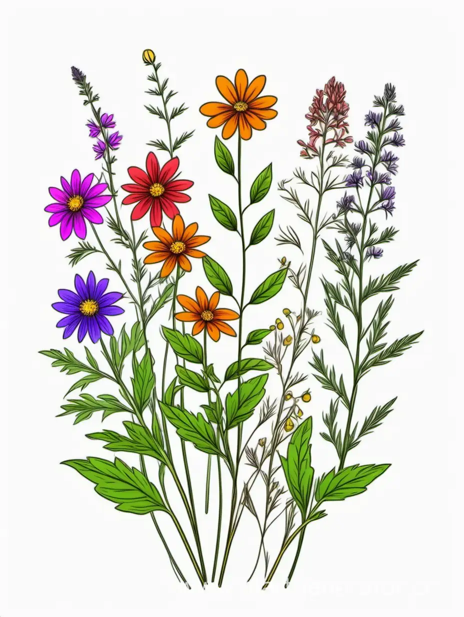 Vibrant-Clustered-Wildflower-Art-on-White-Background-4K-High-Quality-Botanical-Illustration