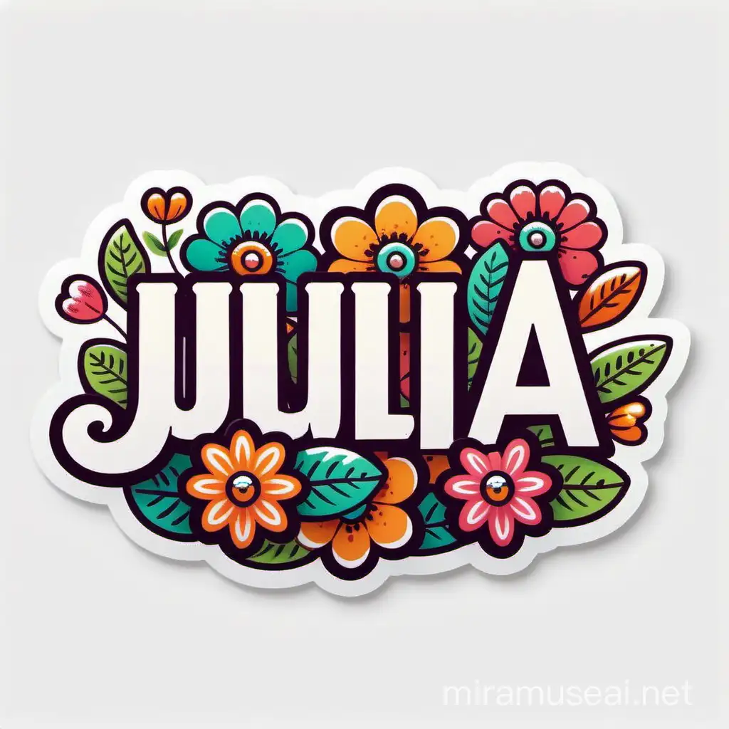 Adorable Julia Name Sticker with Bold Colors and Folk Art Flowers on a White Background