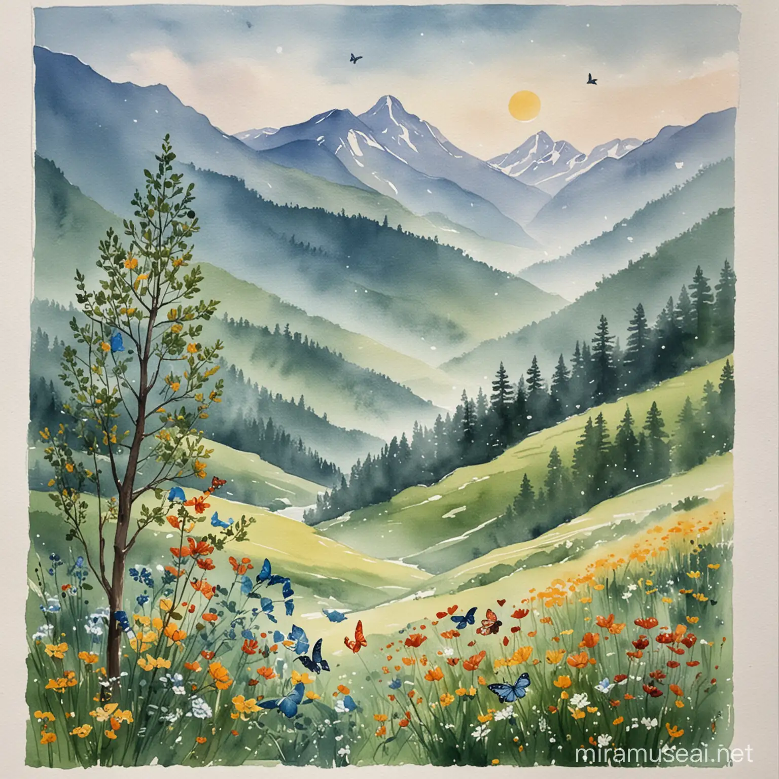 Tranquil Mountain Landscape with Butterflies and Sunshine