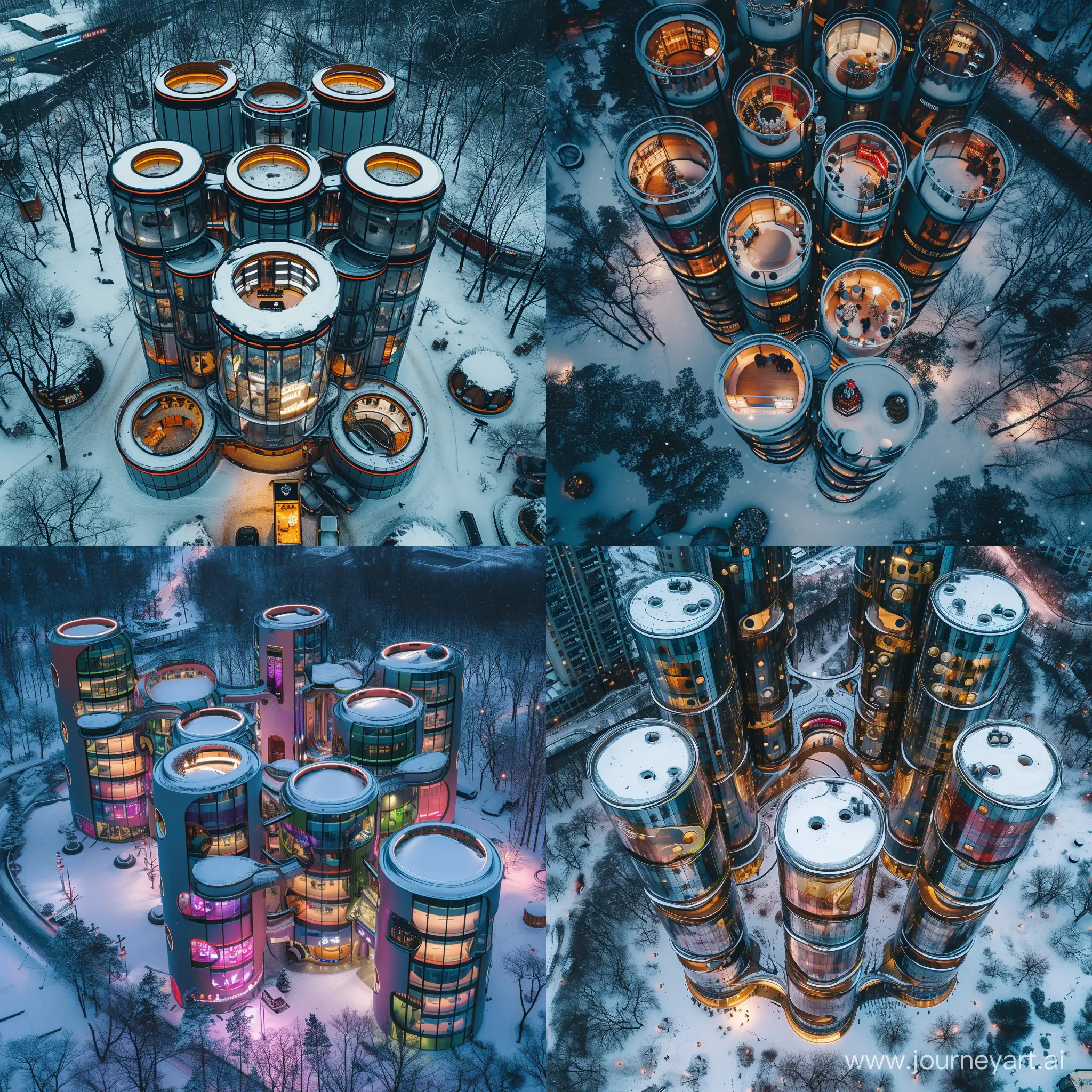 shopping center consisting of cylindrical capsules, aerial view, pleasant atmosphere of winter nature around --v 6 --ar 1:1 --no 73405